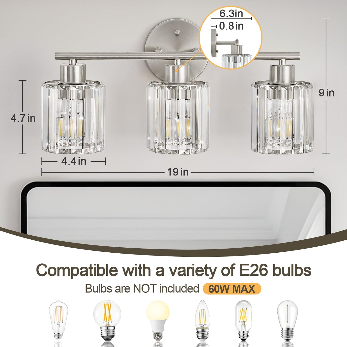 Kvhiiw Crystal Bathroom Light Fixtures, Bathroom Lighting Fixtures Over Mirror, Modern 3-Light Brushed Nickel Vanity Lights for Mirror, Restroom, Kitchen(Ceramic E26 Socket,Bulbs Not Include)