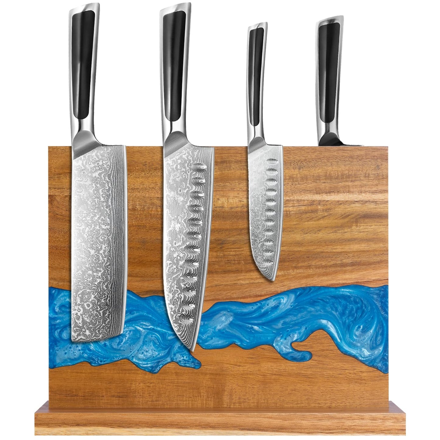 minyuexia magnetic knife holder - Acacia wood Magnetic Knife Block, Magnetic Knife Storage with double-sided magnetic, blue resin river, 12.59 × 9.84 inches (Without knife)