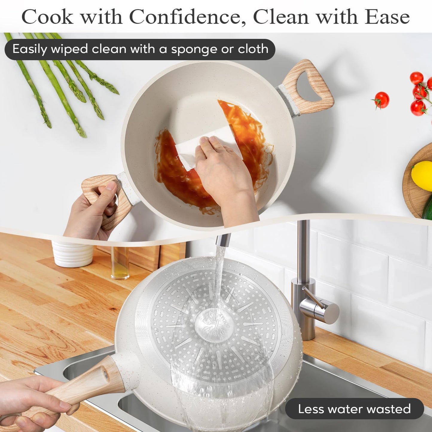 SODAY 12 Pcs Pots and Pans Set, Nonstick Cookware Sets White Granite Induction Cookware, Non-toxic Healthy Non Stick Kitchen Cooking Set with Frying Pans Set, Saucepans,Steamer (PFAS, PFOA, PFOS Free)