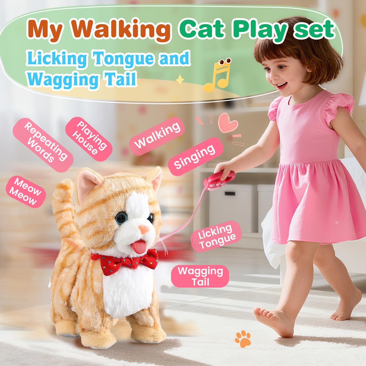 Yellow Pattern Leash Walking Cat Set Interactive Talking Toy Singing Dancing Kitten Mimicking Repeat What You Say Kitty Touch and Voice Control Nodding Wagging Tail Plush Electric Robot for Kid Girl