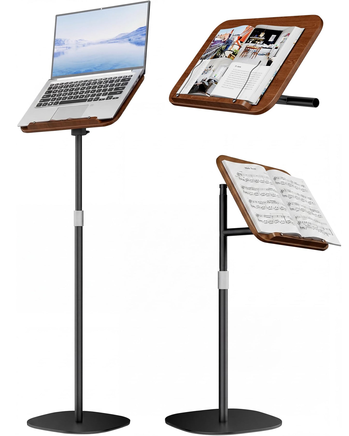 boostool Laptop Stand Floor, Wood Music Stand, Tablet Floor Stands Adjustable Height, Tall Book Stand Hands Free, for Projector, Office, Study, Brown