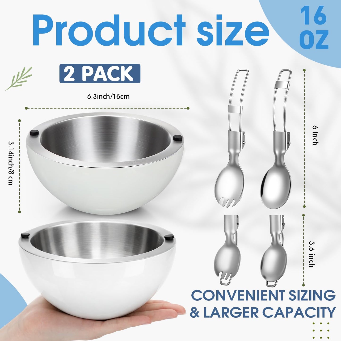 LemonRoad 2 Pack 16 oz Chilled Dip Bowl Stainless Steel Double Walled Ice Serving Bowl with 2 Sporks Spoons Cold Serving Dish for Parties Hummus, Salsa, Guacamole, Sauces, Pasta (White)