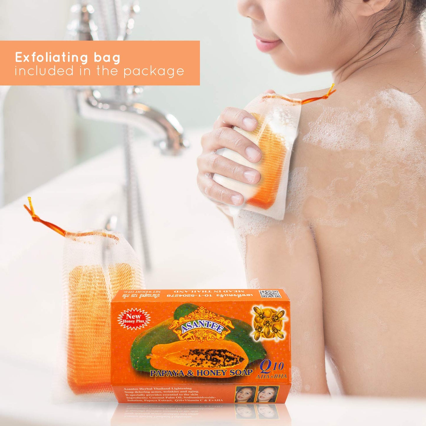 ASANTEE PAPAYA & HONEY Soap Bars with Vitamin C,E and Q10 Skin Cleansing 4.40 Oz (Pack of 4)