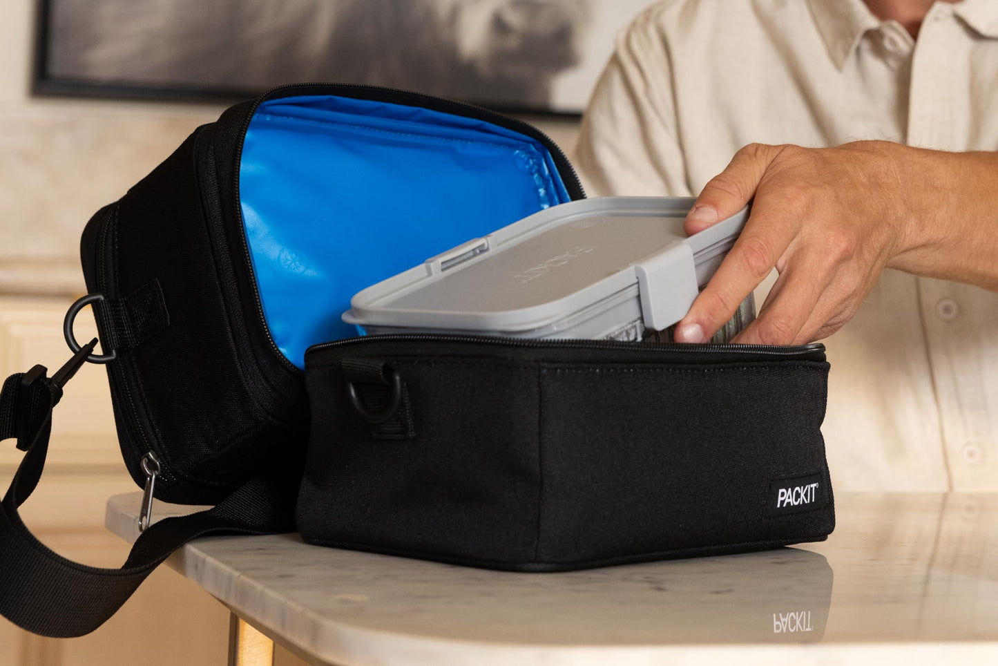 PackIt MOD 3-IN-1 Lunch Box, Black, Triple Function System, Insulated and Freezable with EcoFreeze® Technology, Removable Crossbody Strap, Top Handle, Designed for Fresh Office or Work Lunches