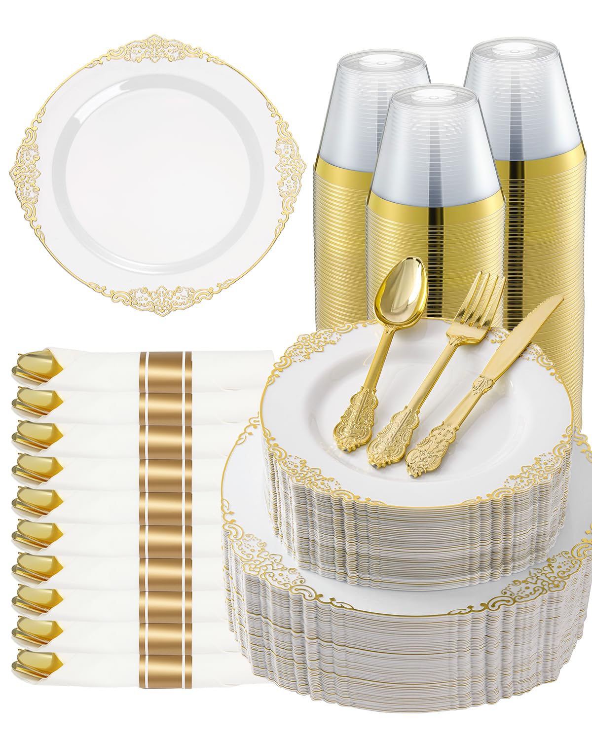 Goodluck 350 Piece Gold Plastic Dinnerware Set for 50 Guests, Fancy Disposable Plates, Include: 100 Gold Rim Plastic Plates, 150 Silverwares, 50 Pre Rolled Napkins, 50 Cups for Party, Wedding