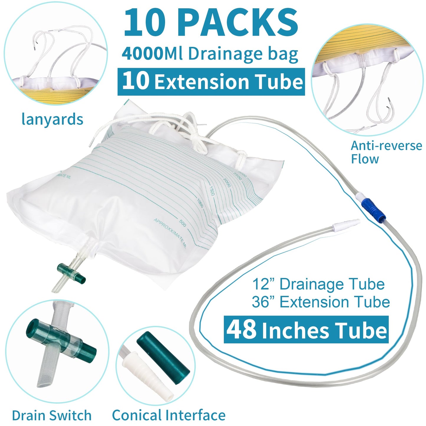 VWJ 10 Packs Urinary Drainage Bags, 4000mL Urinary Bags with 10PCS 36-inch Extension Tubes, Large Volume Anti-Reflux Drain Bags, Overnight Collector Urine Bags for Health Aids