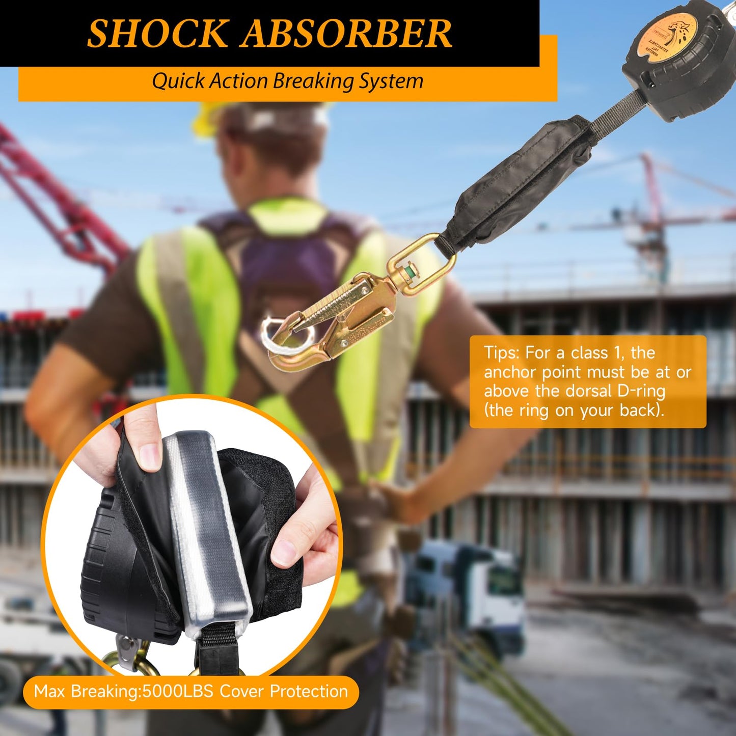 TRSMIMA Fall Protection Retractable Lanyard - 6FT Construction Self-Retracting Lanyard Fall Arrest Safety Roofing Heavy Duty Leading Positioning ANSI OSHA Class B