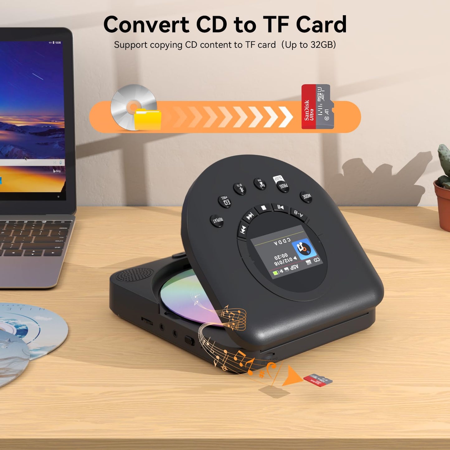 CD Player Portable,MONODEAL Dual Stereo with CD Player with Speakers,Rechargeable CD Player Bluetooth,Support TF Card,FM Receiver and Transmitter,Walkman CD Player with Sleep Timer,Colorful TFT Screen