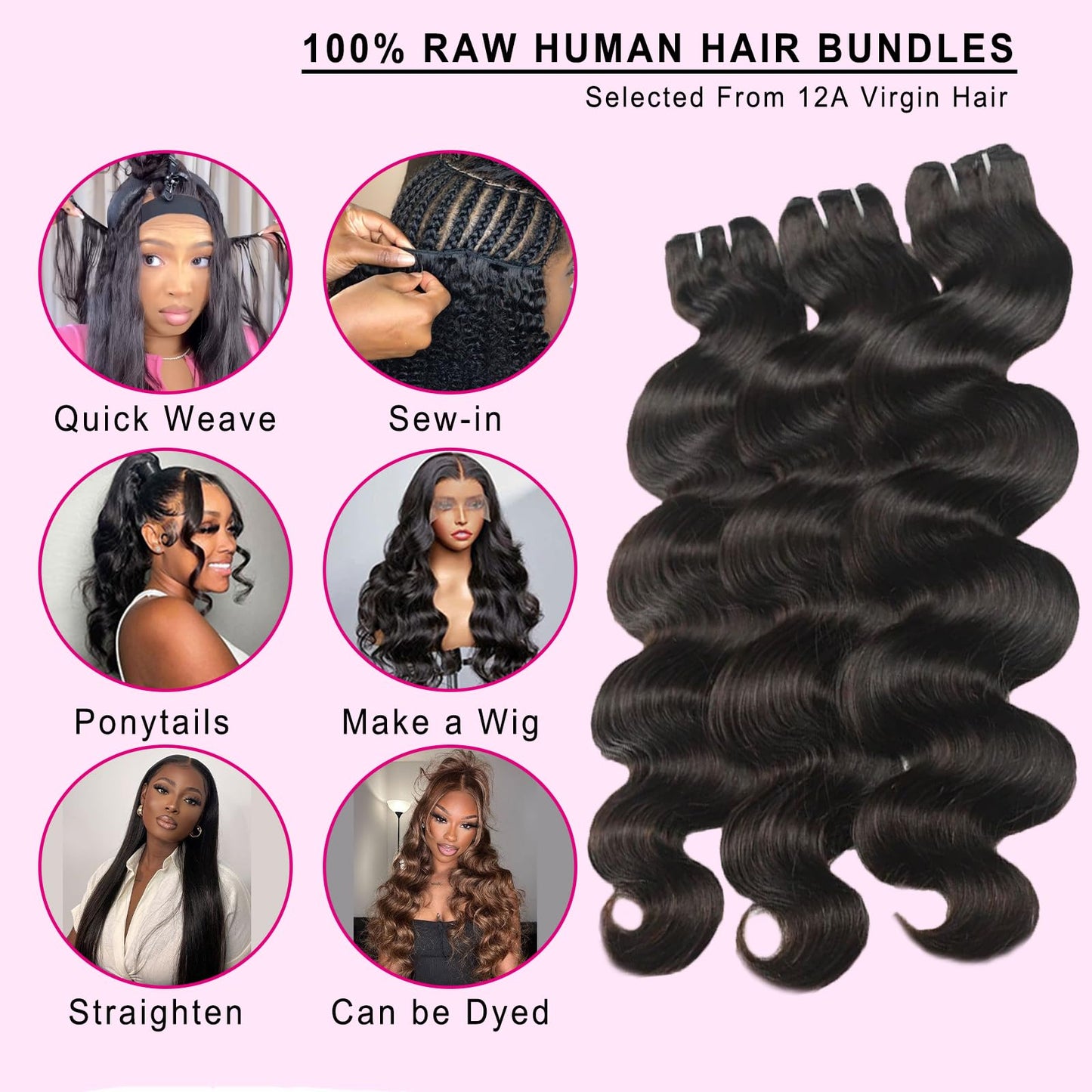 12A Human Hair Bundles Body Wave Bundles Human Hair 100% Unprocessed Brazilian Virgin Bundles Body Wave Real Human Hair Extensions Natural Black 24 Inch