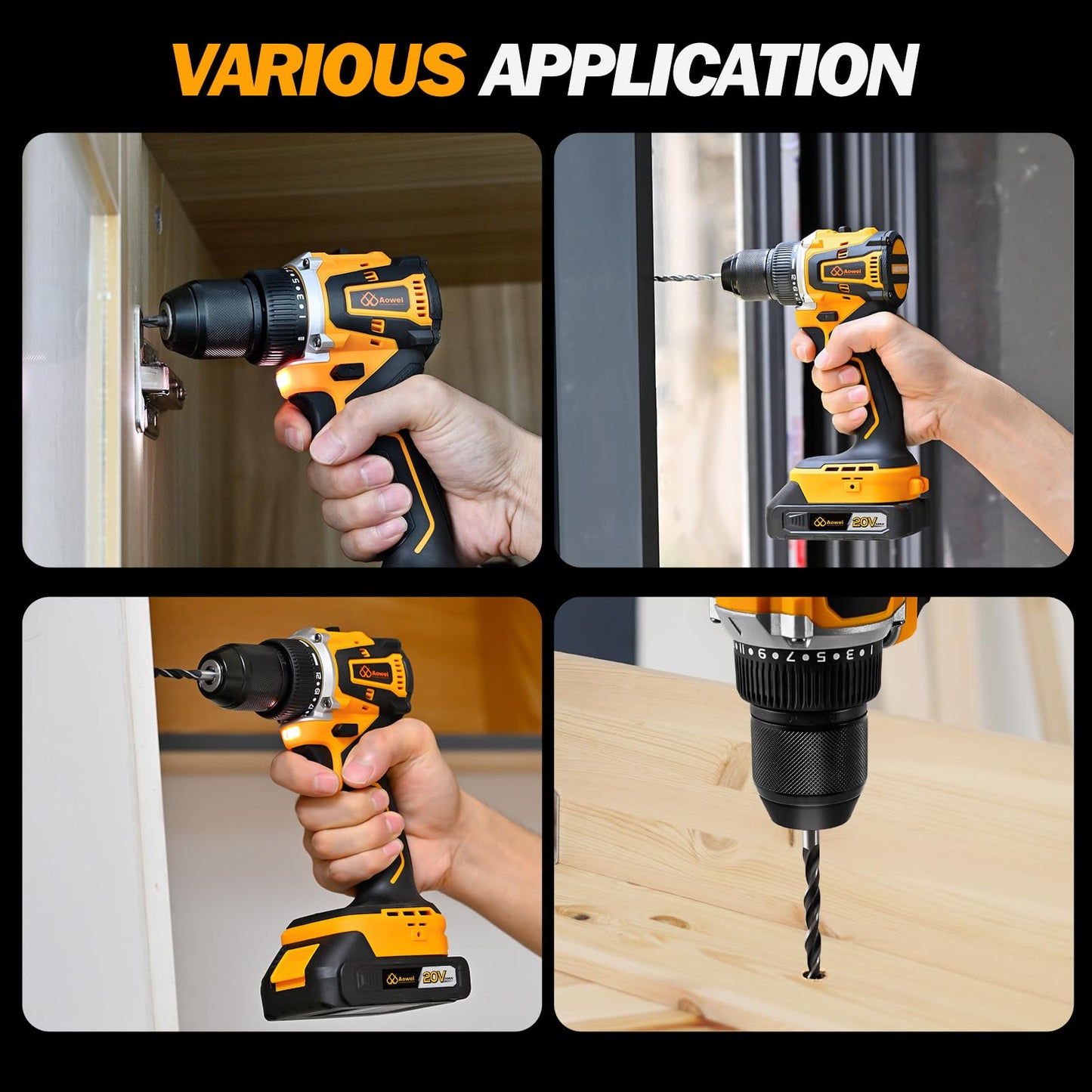 Aowei Cordless Drill Set/Driver, 20V Electric Power Drill With Battery And Charger, 40N Torque, 20+1 Settings, 2 Batteries,3/8-Inch Keyless Chuck, Driver Bits Kit, LED Light