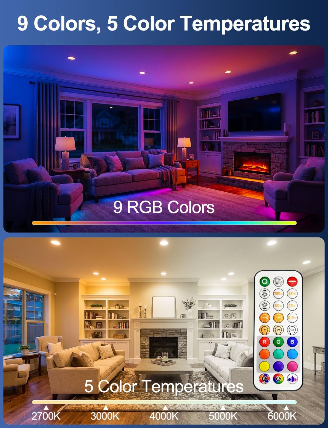 HEKEE LED Reccessed Downlights, Color Changing, 6 Inch, Recessed Ceiling Lights (6 Packs)