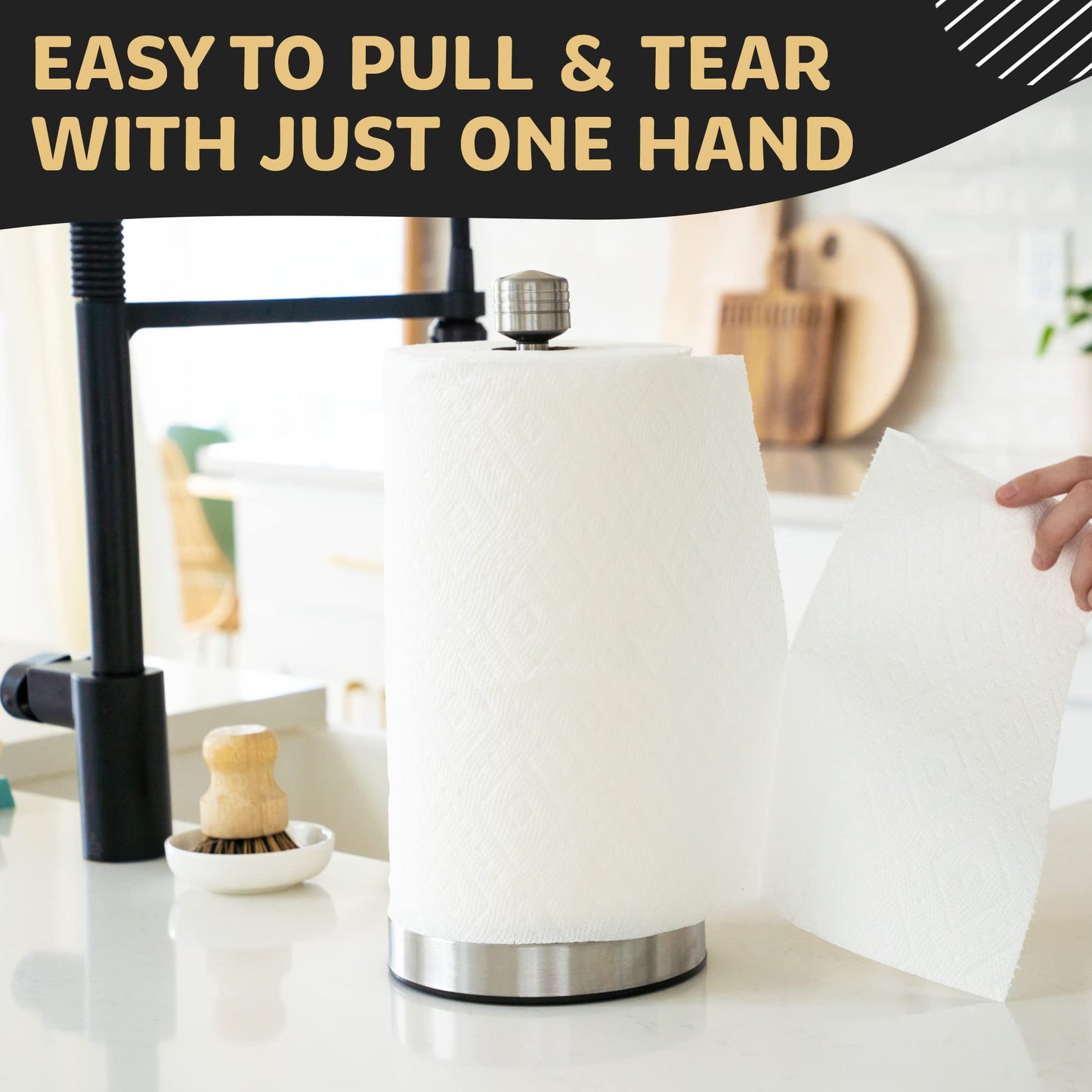 Stainless Steel Paper Towel Holder Designed for Easy One-Handed Operation - This Sturdy Weighted Paper Towel Dispenser Countertop Model Has Suction Cups and Holds All Paper Towel Rolls