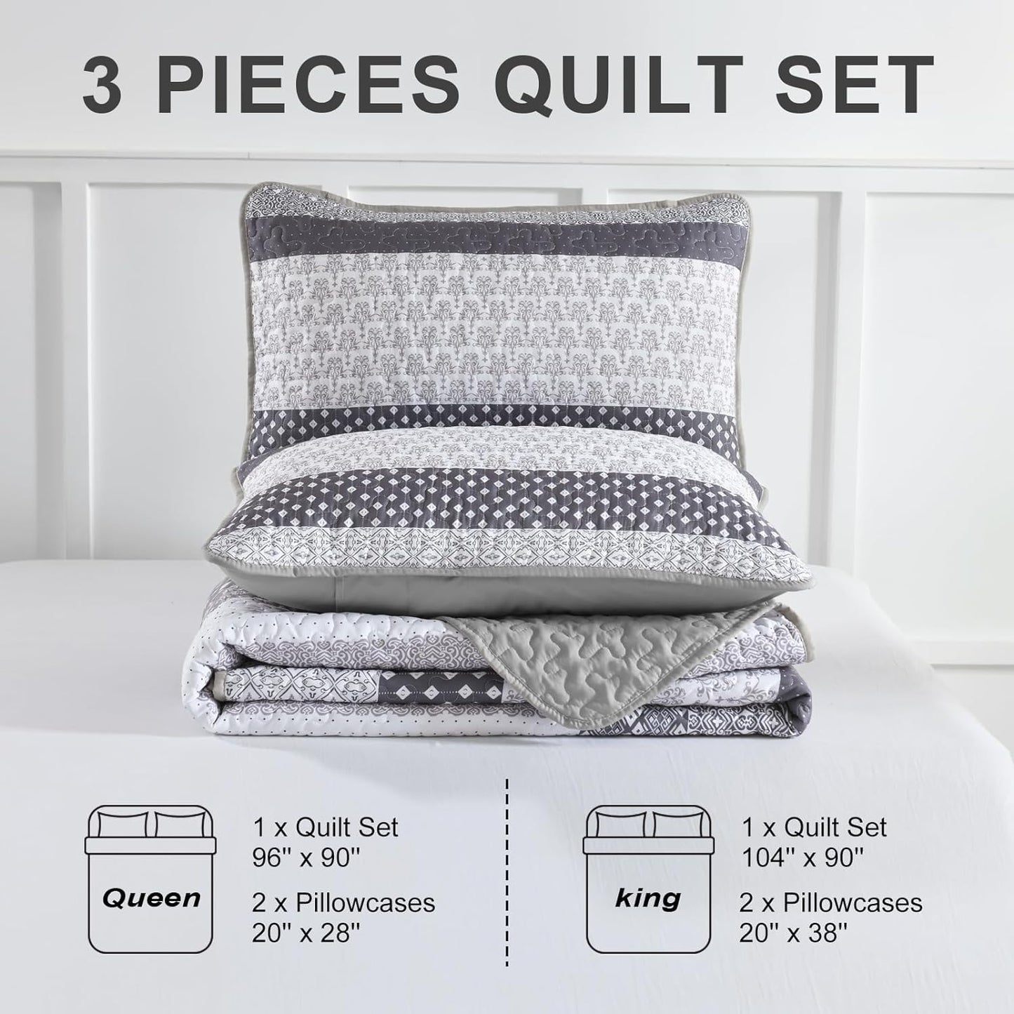 WONGS BEDDING Grey Quilt King Size, Bohemian Stripe Quilt Sets 3 Pieces Boho Quilted Bedspread Set Lightweight Microfiber Coverlet Bedding Set All Season (104"x90")