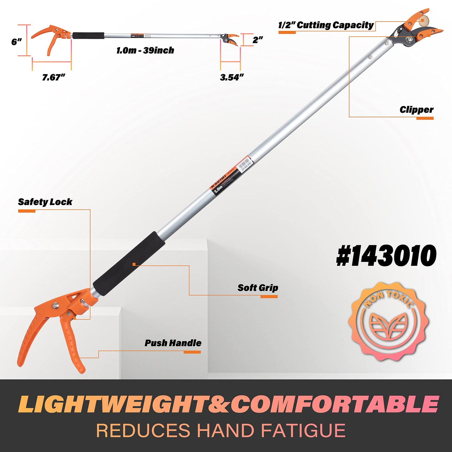 KSEIBI 143010 Long Reach 3.5 ft (1.0m) Cut & Hold Bypass Pruner - Lightweight Aluminum, Rust-Resistant, Ergonomic Grip, 1/4" Max Cut - Ideal for Precision Gardening & Pruning