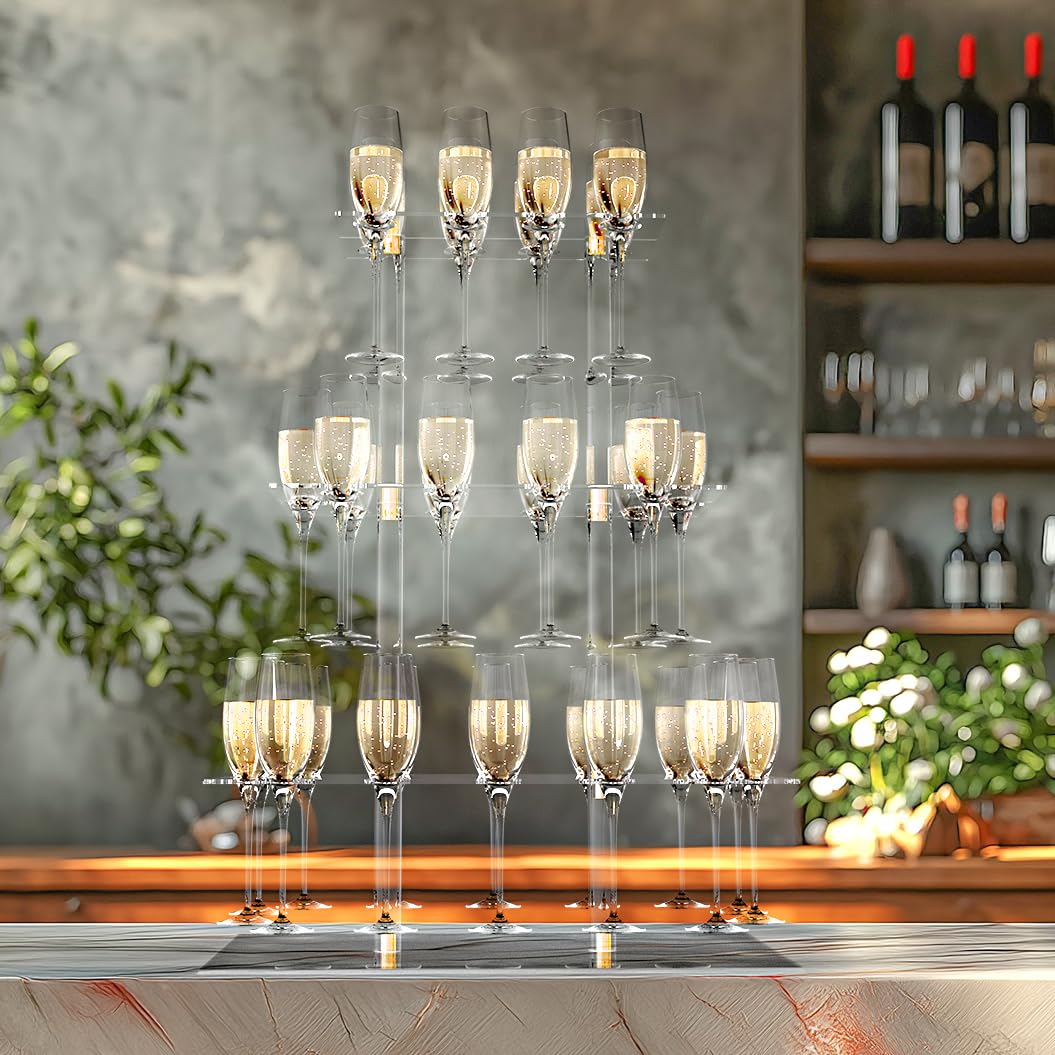 Champagne Display Holder Stand for Party With 32 Slots, Cocktail Tree Stand for Drinks 3 Tier Clear Acrylic Wine Glass Stemware Display Rack, Champagne Flute Wall Holder with Led Light for Party