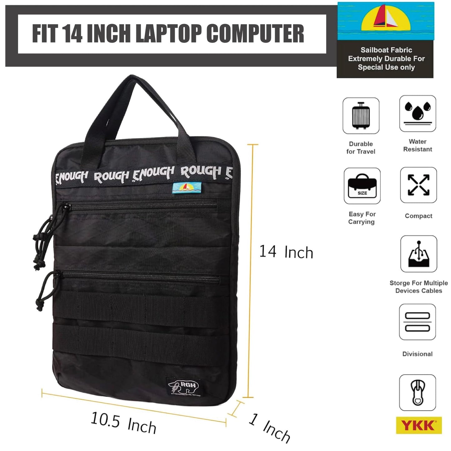 Rough Enough 14 Inch Laptop Sleeve Case Bag Tactical with Dual Compartments Luggage Strap Handle Weather Resistant for Travel Outdoor adventures Black
