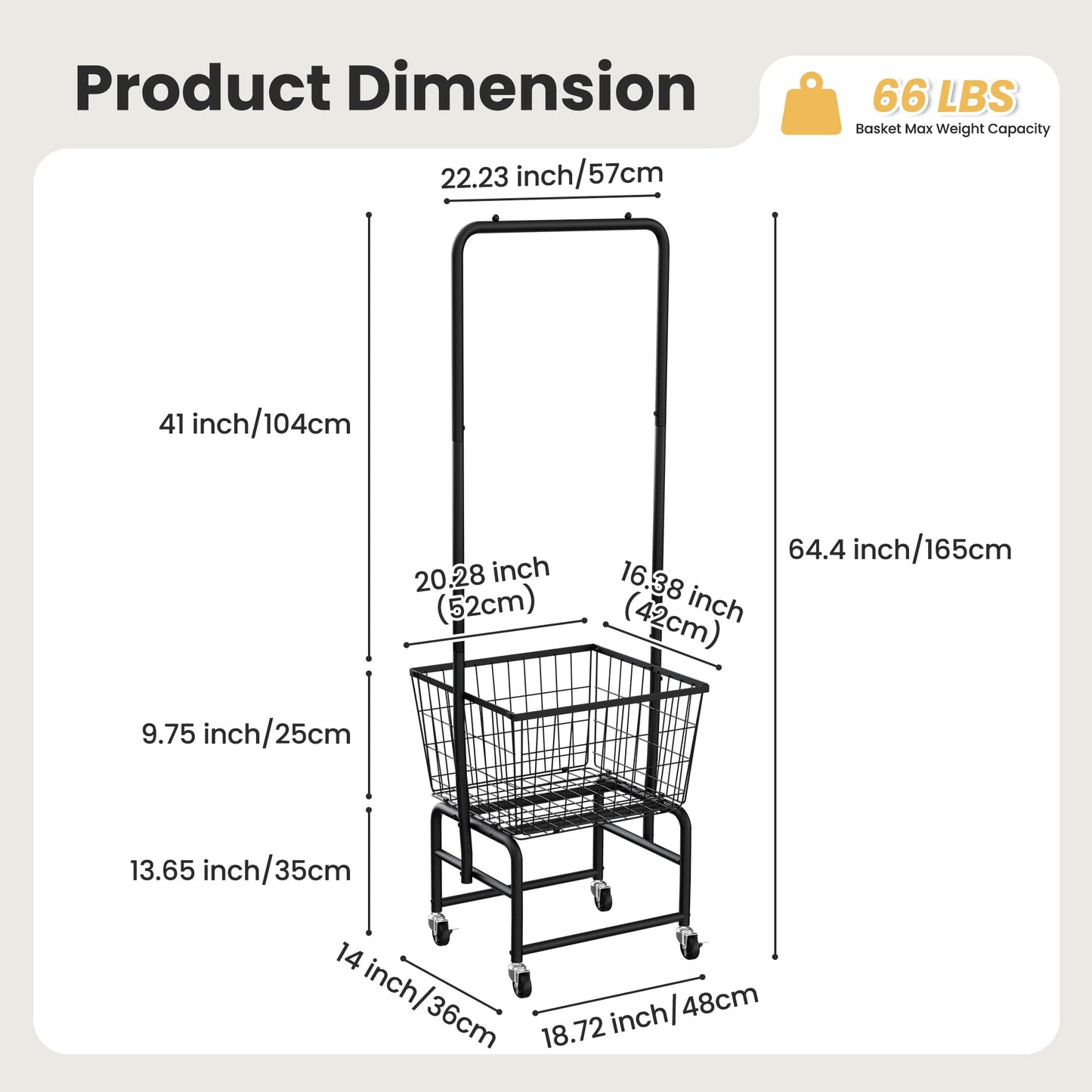 SIMHOMSTOR Rolling Laundry Cart with Wheels, Laundry Hamper Basket Organizer with Clothes Hanging Rack, Wire Storage Cloth Shelf Butler, Black