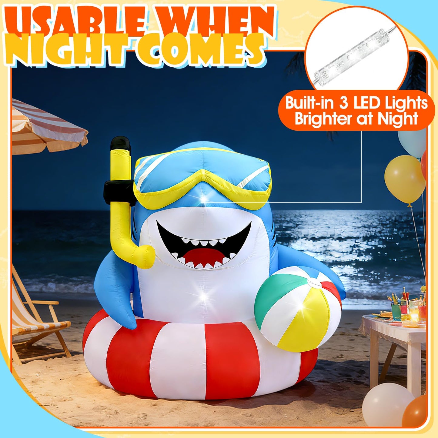 4FT Inflatable Shark with Beach Ball for Summer Outdoor Decor, Blow Up Shark Built-in 3 LED Lights for Beach Pool Ocean Party Decorations, Birthday Party Supplies, Yard Garden Indoor Photo Backdrop