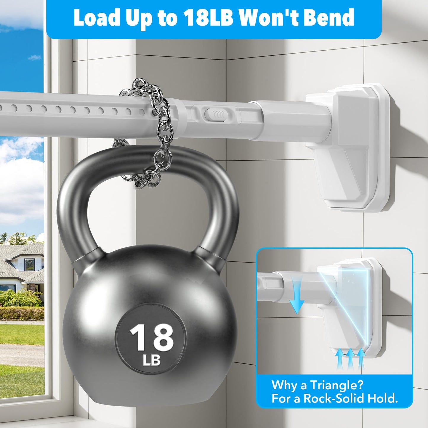 Tension Curtain Rod 41-185 In (4-15ft), Extra Long Tension Rod No Drilling For Patio Windows, White Shower Curtain Rod For Room Divider,One-Click Telescopic Rod, Outdoor Curtain Rods Never Rust