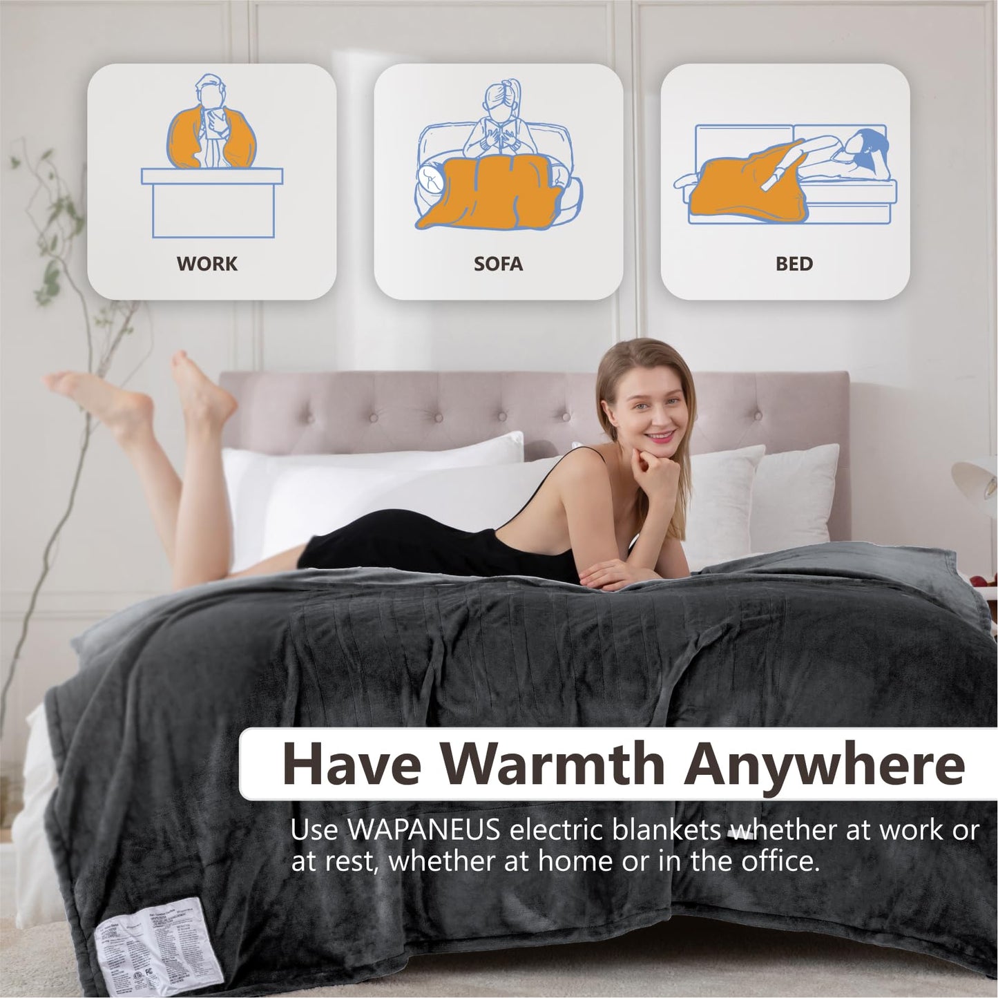 Wapaneus Heated Blanket Full 72" x 84" Electric Throw 10 Heating Levels 12 Hours Time Setings and Auto-Shut Off, Flannel Fast-Heating Electric Blanket, Grey