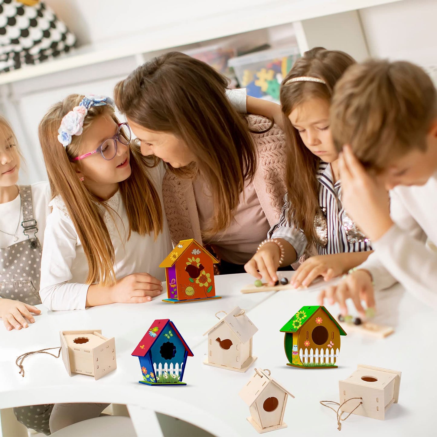 Kisston 120 Pcs Wooden Birdhouse Kits for Kids to Build and Paint DIY Bird Houses for Children Bird House Crafts in 6 Shapes and Stereoscopic Butterfly Sticker for Art Project Crafts Class Party