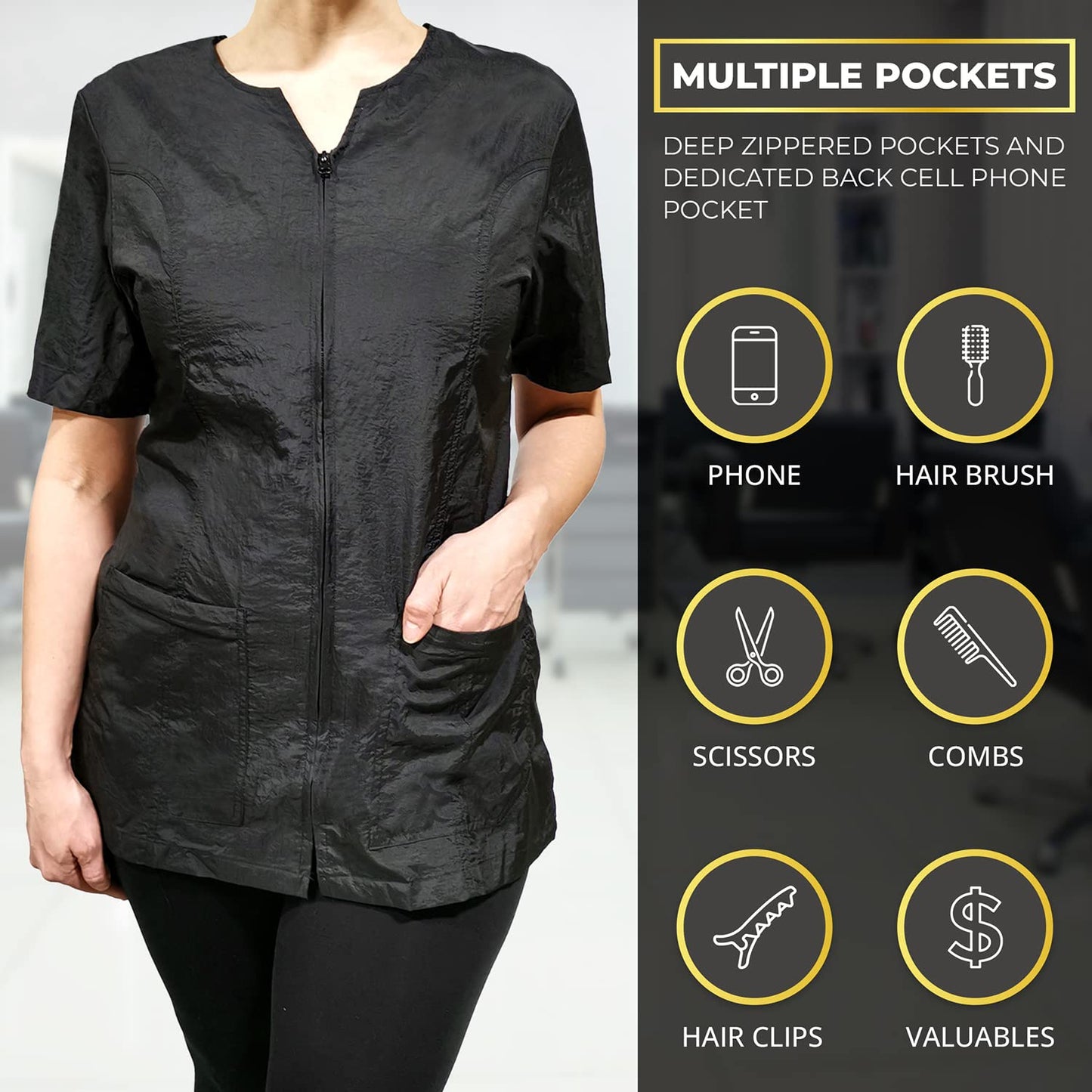CHARLENE Haley Short Sleeves Jacket | High Fashion Hair Stylist Nylon Uniform | Water-Repellant Breathable Nylon | Machine Wash | Zipper Closure (BLACK, S)