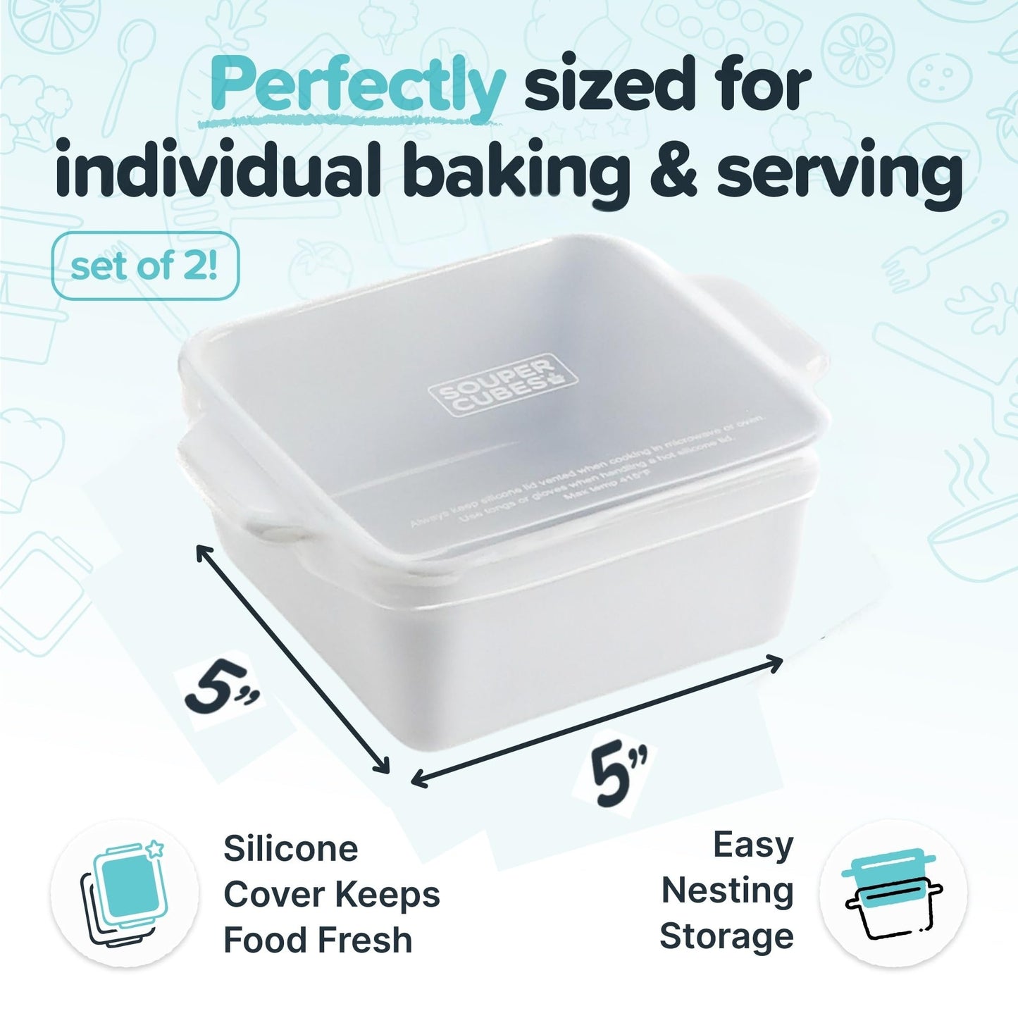 Souper Cubes Ceramic Baking Dishes 2.0-5" x 5" Baking Dishes with Silicone Lids, Individual Baking Dishes for Oven, Microwave, Oven and Air Fryer Safe, USA Made, Set of 2 - White