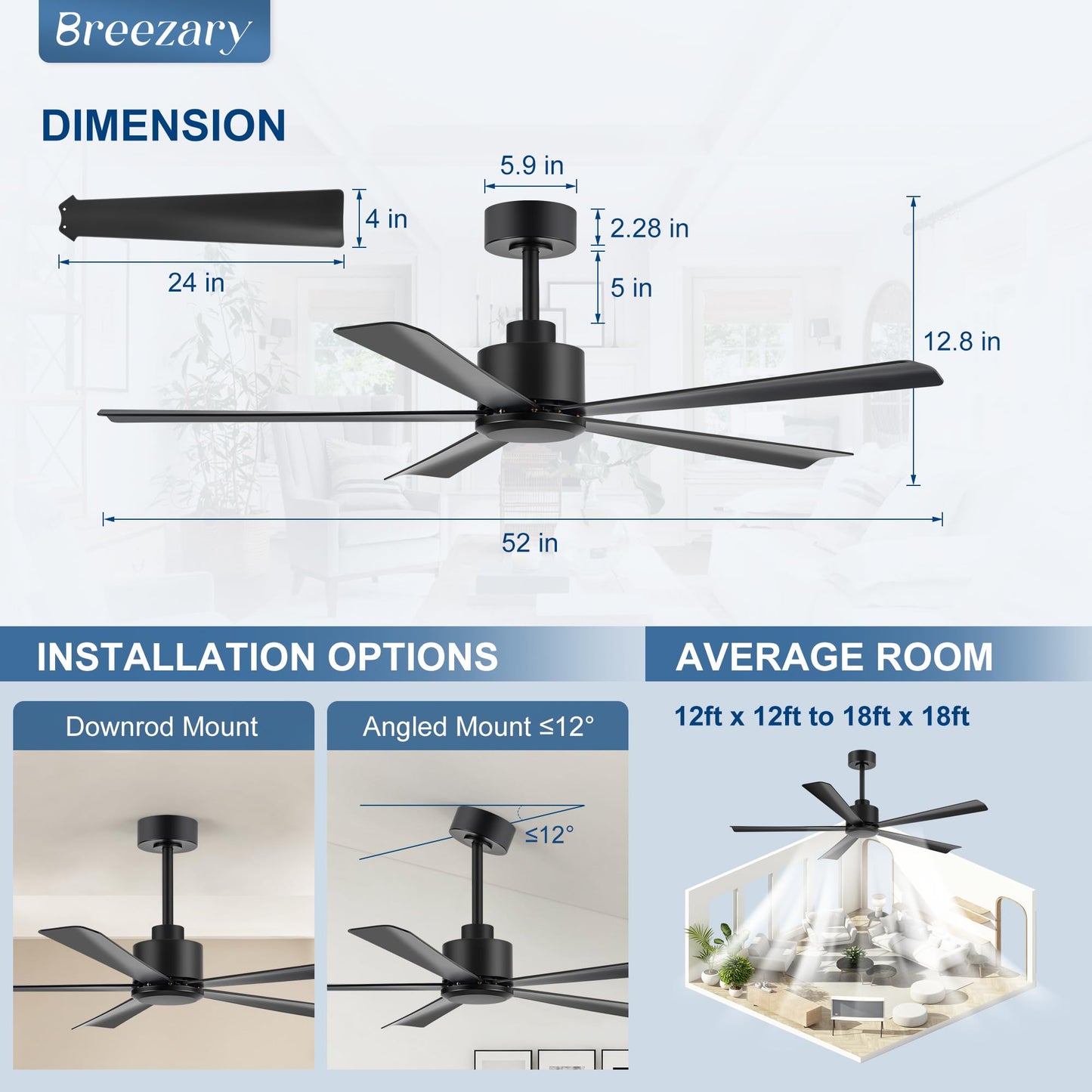 52 inch 5 Blade Ceiling Fans without Light Remote Control, Quiet Reversible DC Motor, 5 Black Blades, 6-Speed, Industrial Ceiling Fan for Home Kitchen (Black)