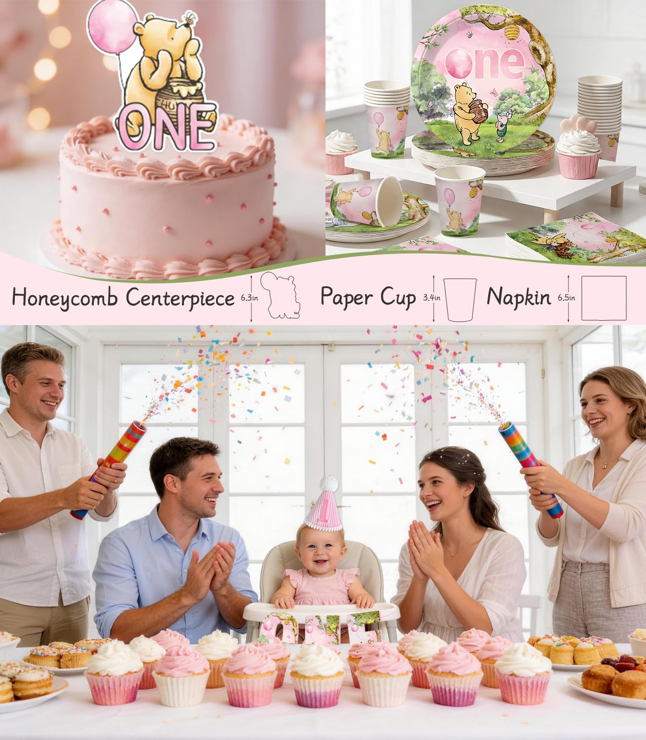 Fexivo 273 PCS Bear 1st Birthday Decorations, All-in-One Baby Girl 1st Birthday Decorations Set with Plates, Napkins, Serves 25, 2 Tablecloths, Balloon Arch, Backdrop & Banner, Pink