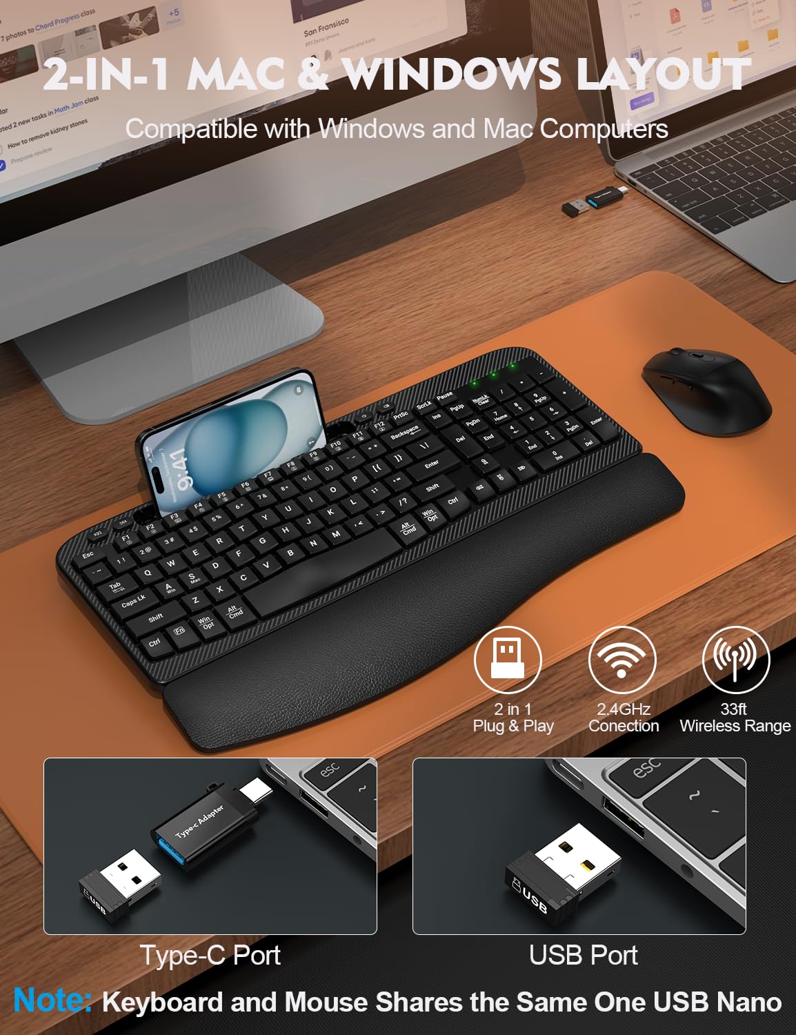 Wireless Keyboard and Mouse Combo, EAYBLLY Wave Keys Wireless Ergonomic Keyboard with Cushioned Wrist Rest, Phone Holder, 2.4GHz Silent Cordless Keyboard Mouse Set for Computer, Laptop, PC, Windows