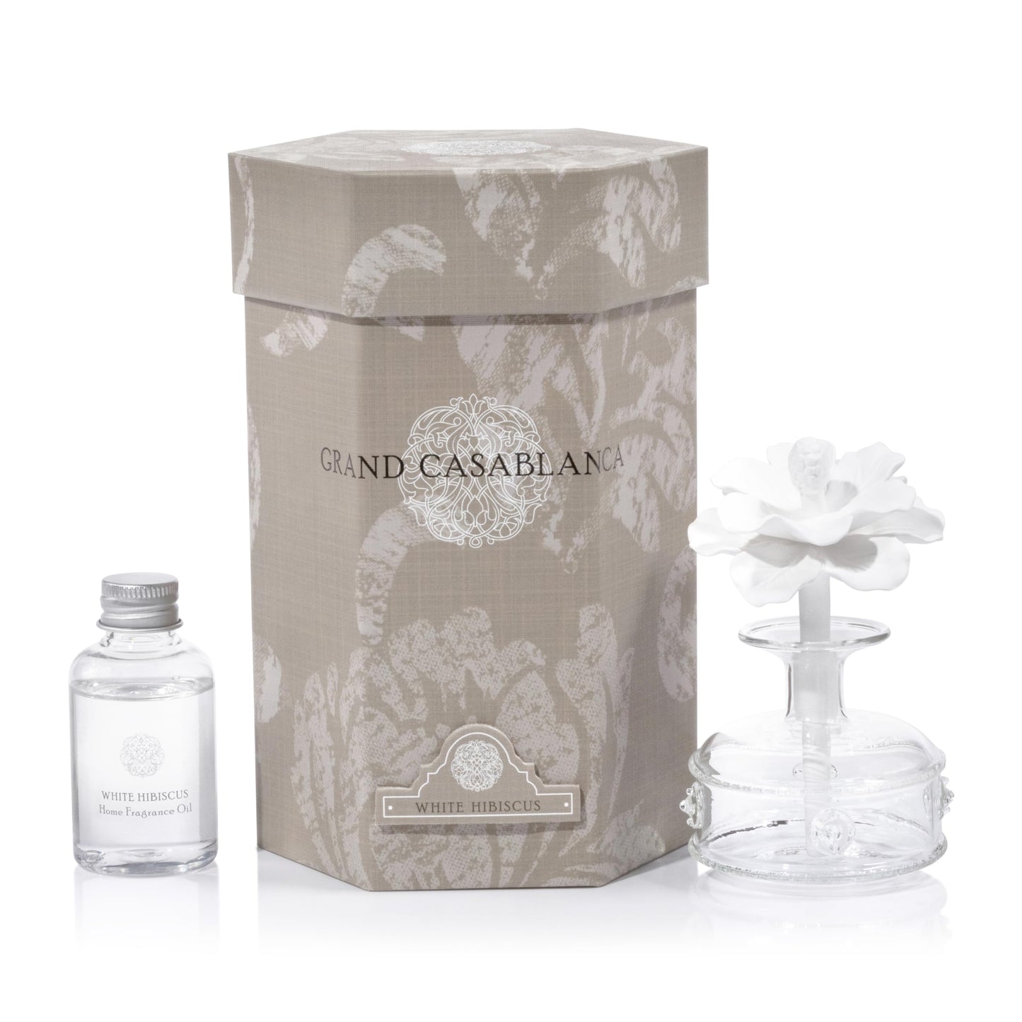 Zodax Grand Casablanca Porcelain Oil Diffuser - Home Fragrance Oil Diffuser Ideal for Living Room, Bathroom, Office - Flower Design - Gift Box Packaging Included - White Hibiscus - 1.69 Oz.