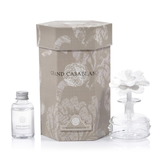 Zodax Grand Casablanca Porcelain Oil Diffuser - Home Fragrance Oil Diffuser Ideal for Living Room, Bathroom, Office - Flower Design - Gift Box Packaging Included - White Hibiscus - 1.69 Oz.