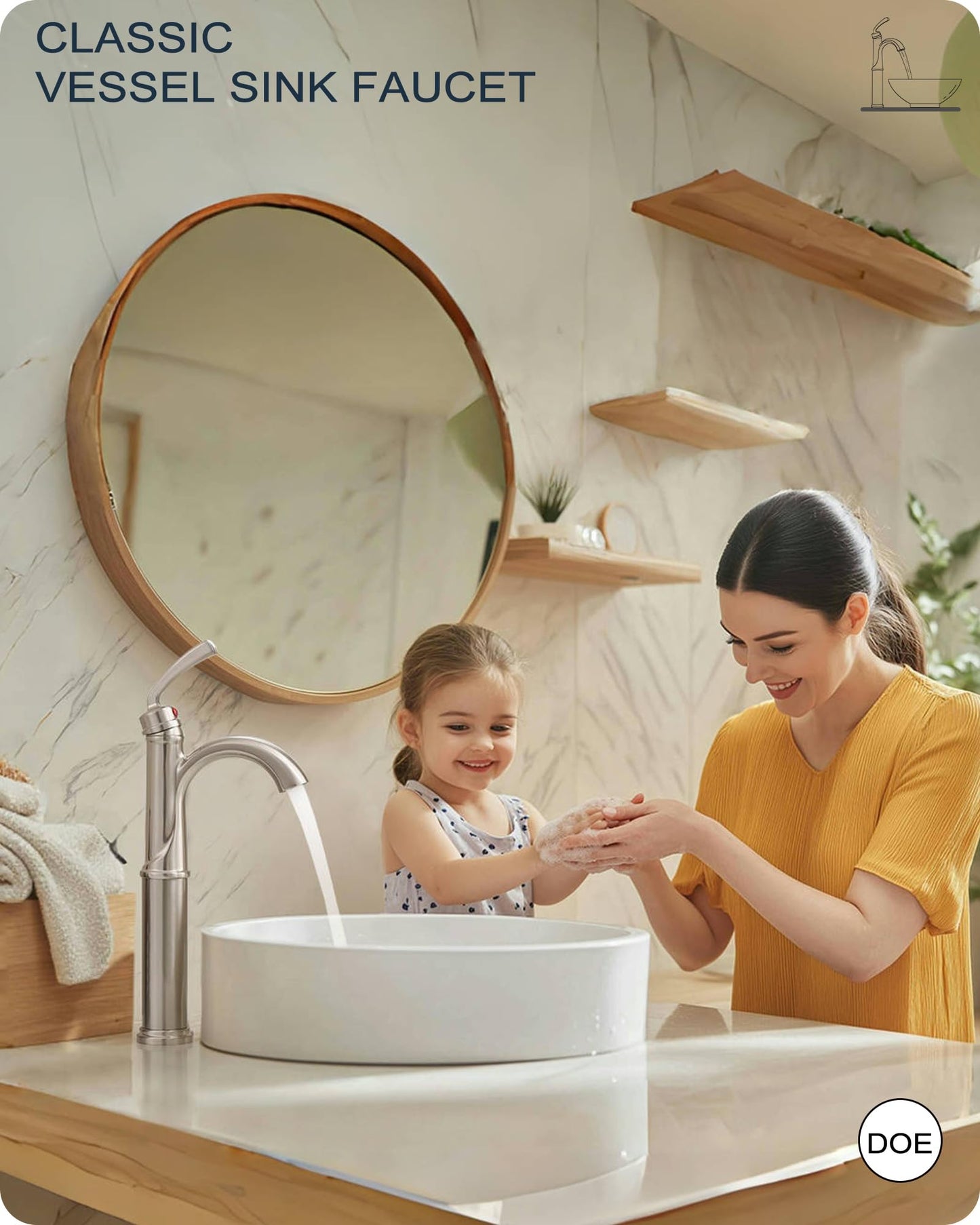 HOIGY Brass Vessel Faucet Brushed Nickel, 1 Hole Tall Faucet for Bathroom Sink with Single Handle, Pop Up Drain & cUPC Water Hoses, Classic Aerator Style for Vessel Sink, 5 Mins Quick Installation