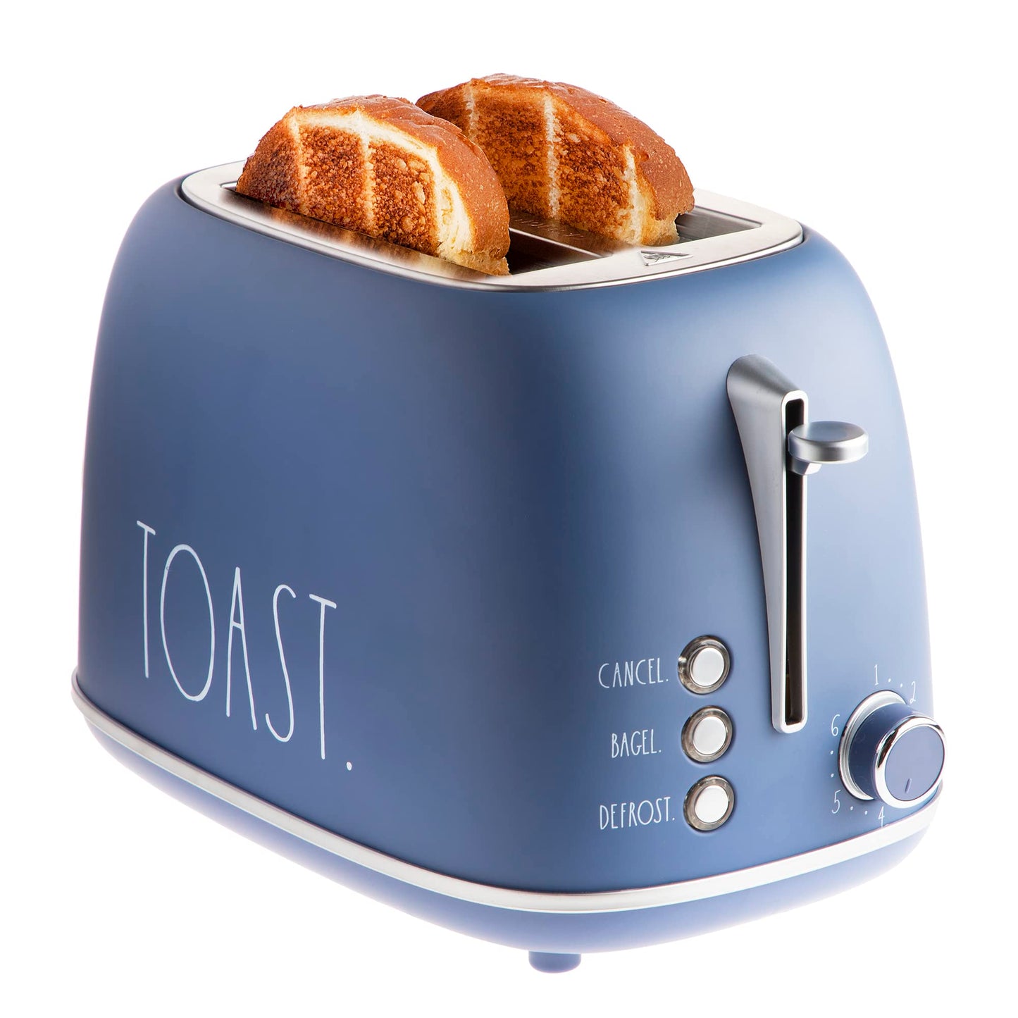 Rae Dunn Retro Rounded Bread Toaster, 2 Slice Stainless Steel Toaster with Removable Crumb Tray, Wide Slot with 6 Browning Levels, Bagel, Defrost and Cancel Options, Navy
