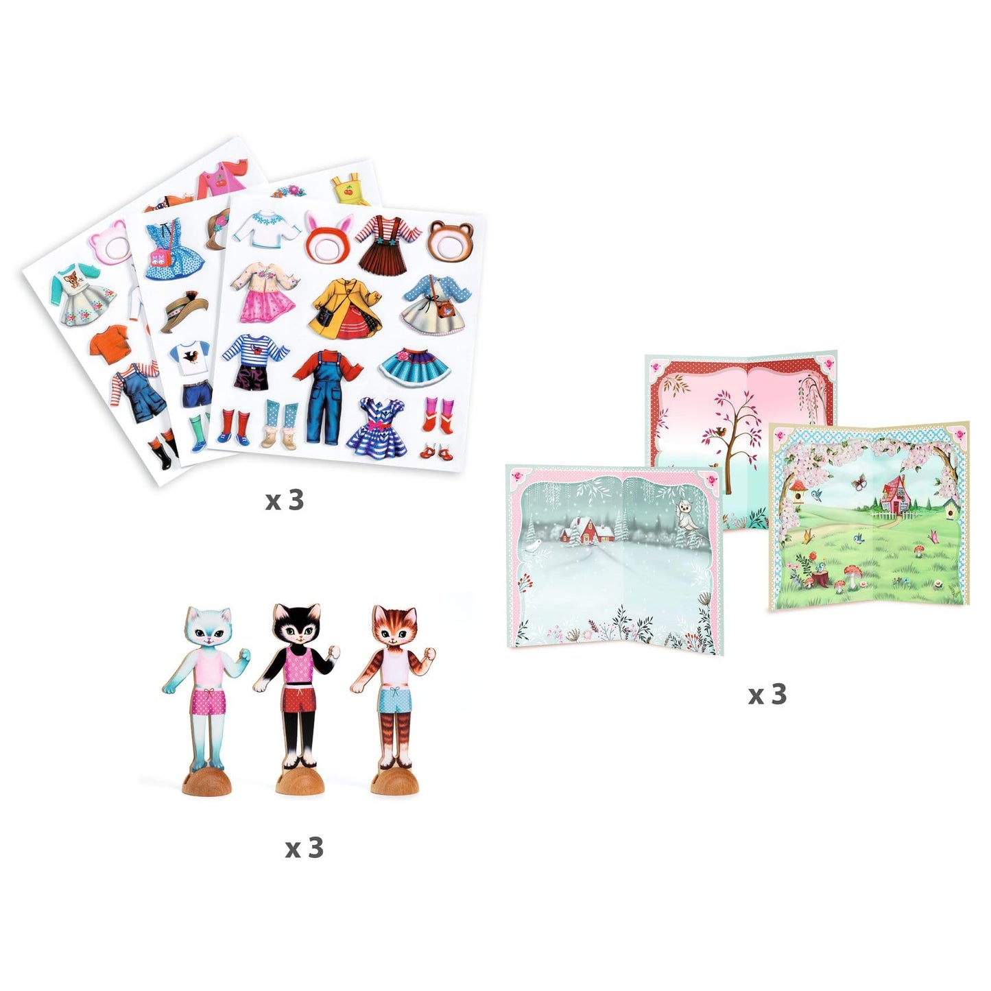 Djeco Dress-Up Stickers - Wooden Cats & Stickers - Fashion Play for Kids 3+