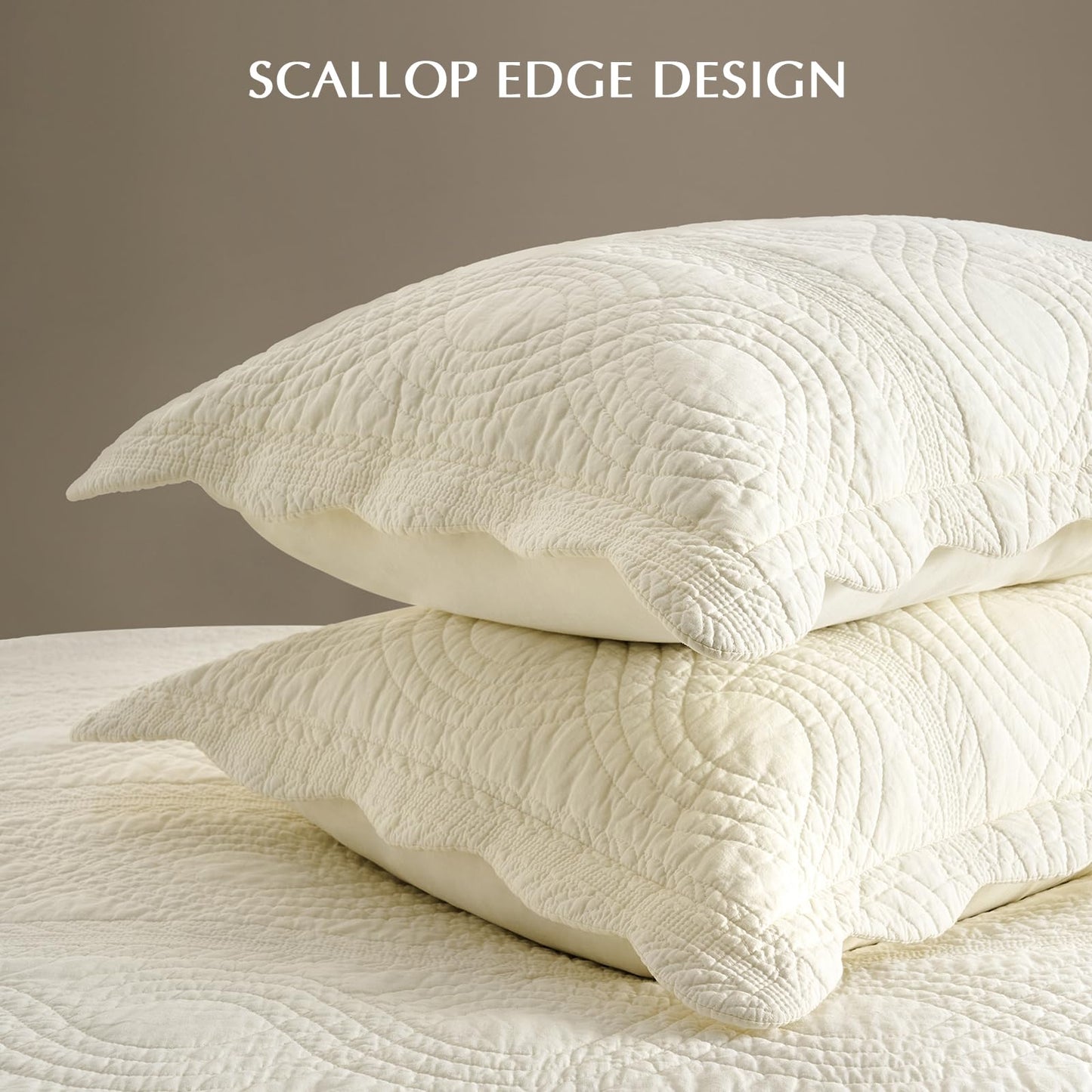 EVERGRACE 100% Cotton Scallop Quilt Set, Queen Size 3 Piece Set – Lightweight Bedspread with 2 Shams, Soft Prewashed Coverlet for Cozy and Elegant Bedding, Ivory Cream