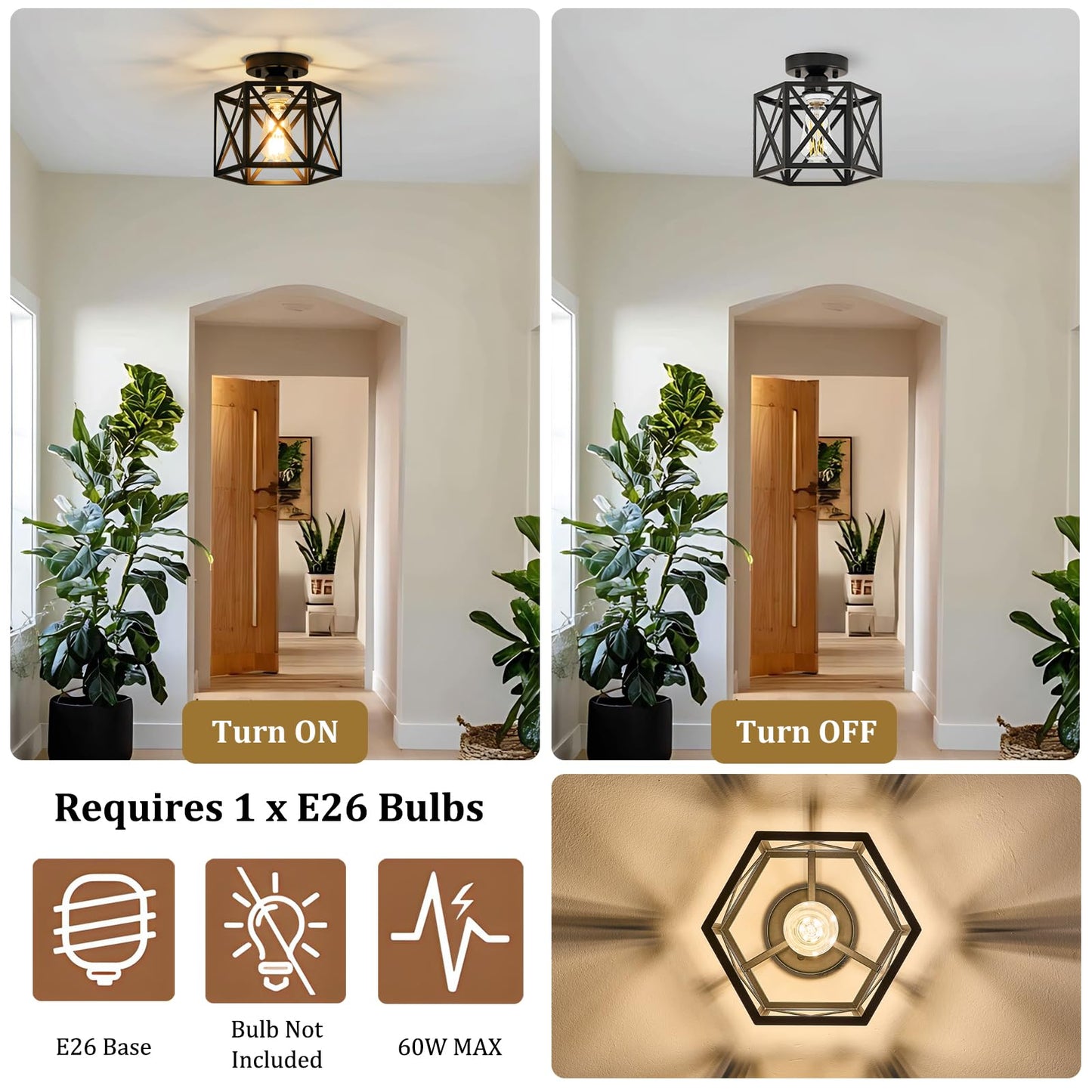KUZIEG Modern Farmhouse Semi Flush Mount Ceiling Light,Industrial Black Ceiling Lighting Fixture,Hexagonal Close to Ceiling Lights for Kitchen, Hallway, Entryway, Bedroom,Foyer,Laundry Room,9.5 Inch