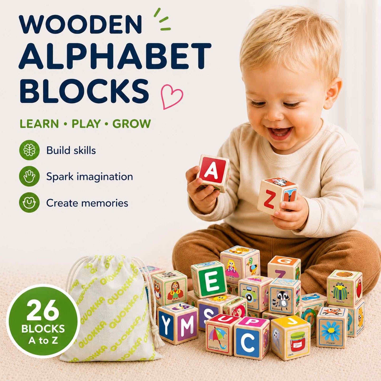 QUOKKA Wooden Blocks for Toddlers 1-3 - 26 ABC Learning Baby Blocks for Kids 3-5 Year Olds Stacking Alphabet Wood Toys 2-4 yo - Educational with Letters Numbers