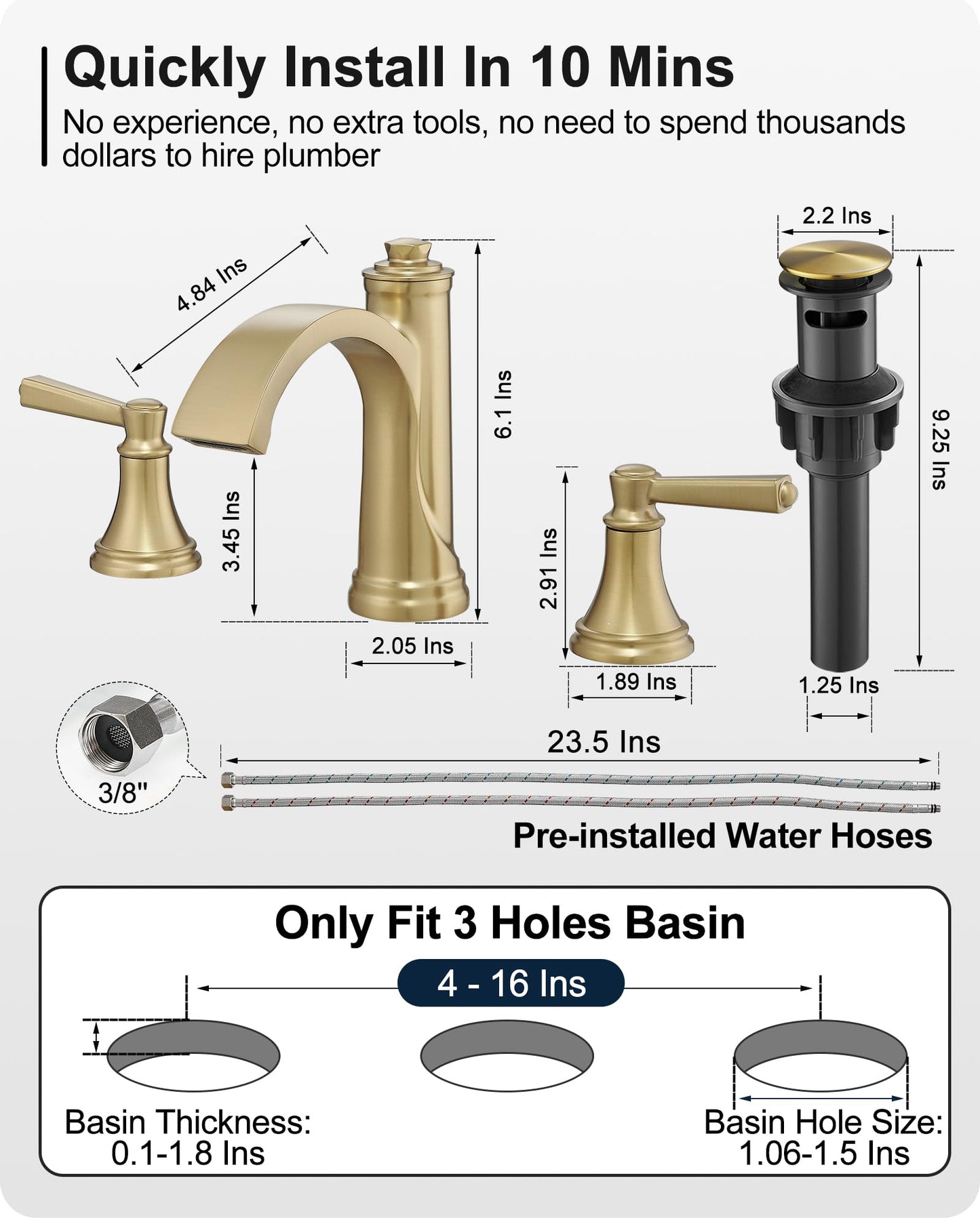 HEYMYTAP Brass Bathroom Waterfall Faucet, 4-16 Inch Brushed Gold Bathroom Faucet Widespread Bathroom Sink Faucet, 2 Handles Bathroom Faucets for Sink 3 Hole with Pop Up Drain, Water Hoses