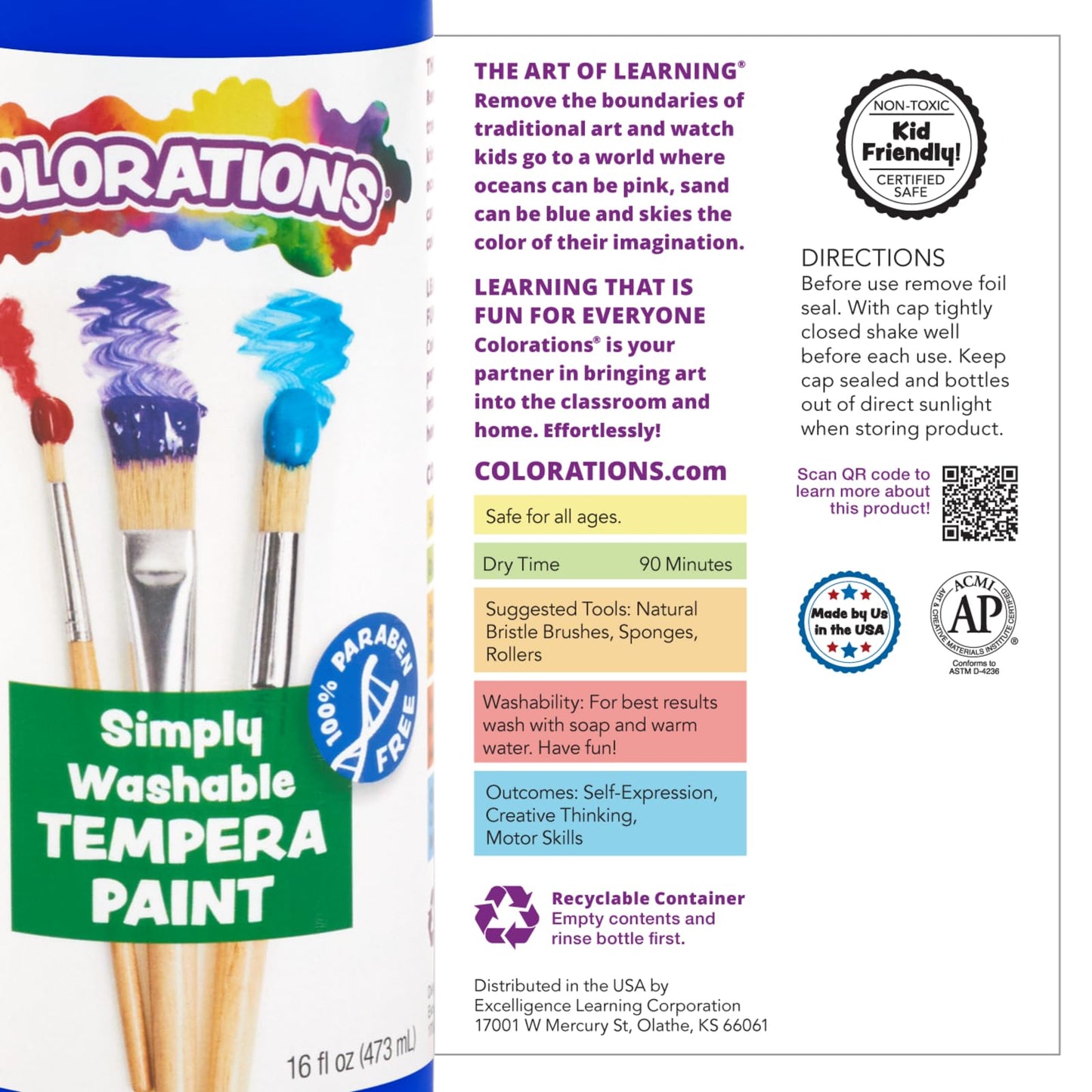 Colorations Paraben-Free Simply Washable Tempera Paint, Rainbow Plus 8 Pack, Matte Finish, Classroom Supplies, Vibrant Colors, Non-Toxic, Washes Off Easily, School, Craft, Art Supply Set, Each 16oz