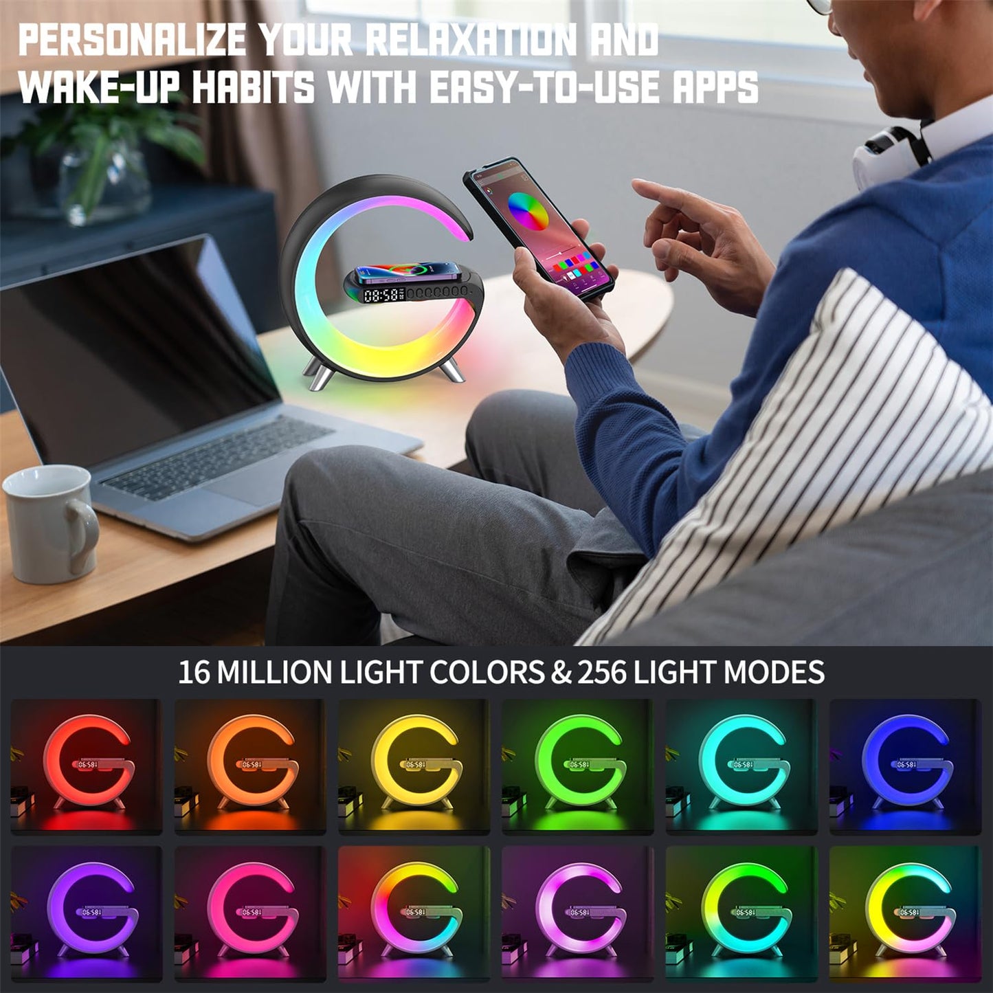 Smart LED Table Lamp, 4-in-1 Wireless Charger, Night Light, Alarm Clock, Bluetooth Speaker with App Control, Bedside Lamp with Charging Station for Bedroom, Office, Home Decor, Teen Girls Boys Gifts