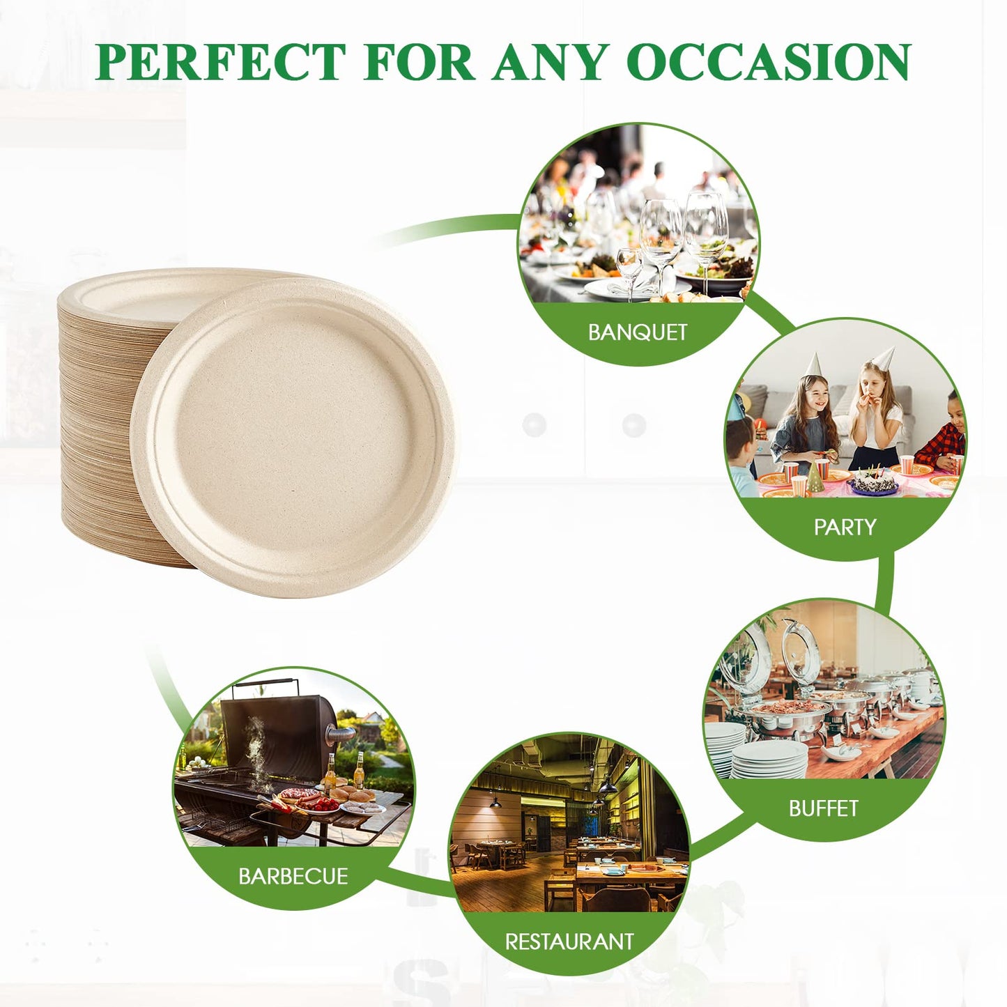 Vplus 500 Pack Paper Plates 9 inch 100% Compostable, Heavy-Duty Disposable Paper Plates Bagasse Natural Biodegradable Eco-Friendly Sugarcane（Nature）