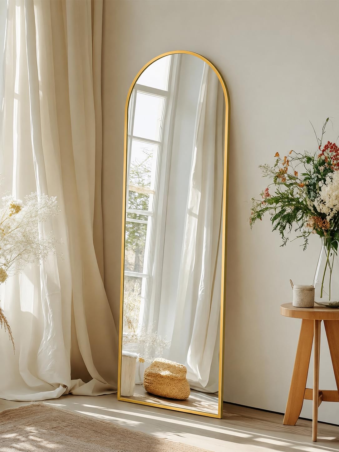 Coomily Full Length Mirror with Stand, 56"x14" Arched Full Body Mirror, Large Stand Up Aluminum Frame Floor Freestanding Hanging Leaning Mounted for Bedroom Living Room Entryway Gold