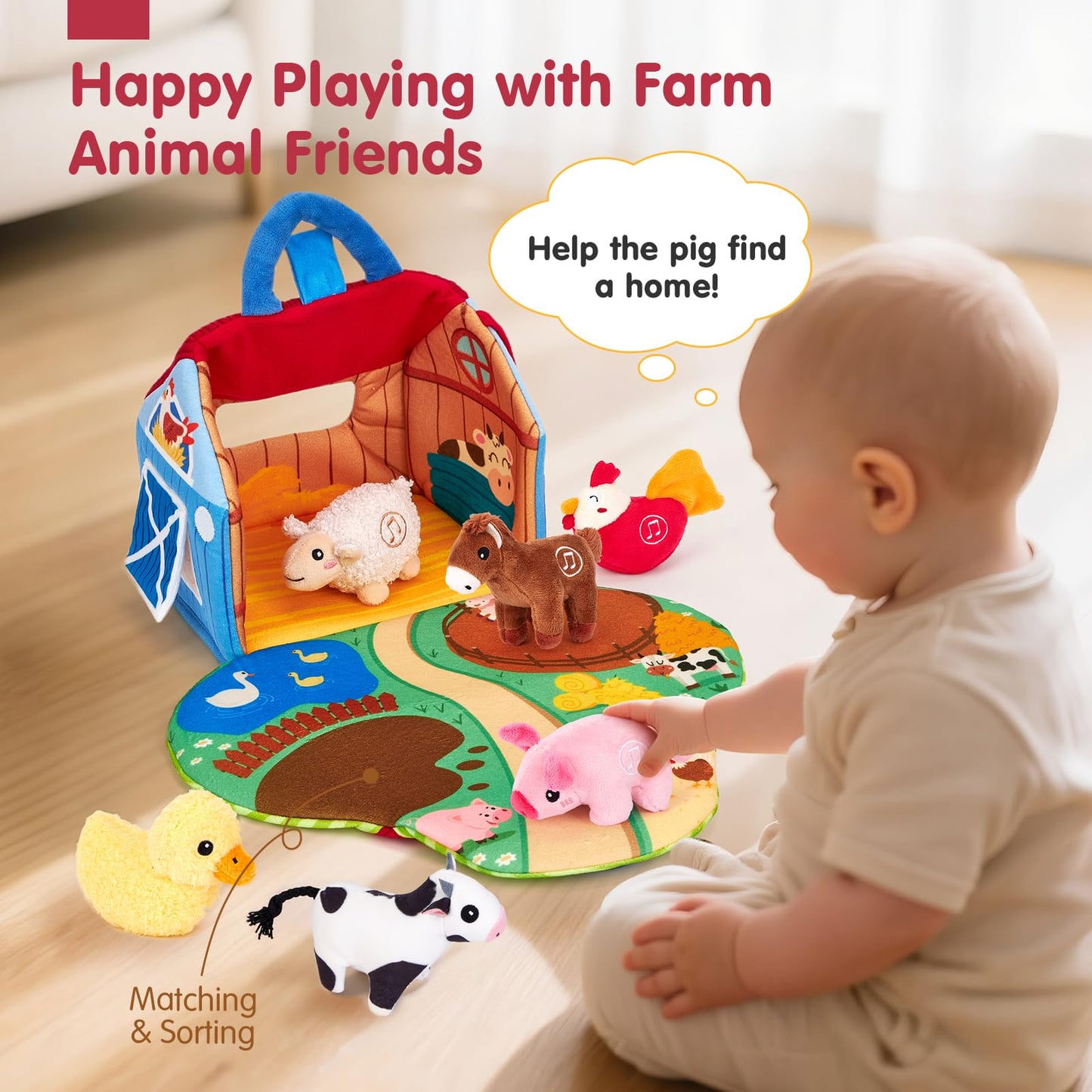 hahaland Baby Toys 6-12 Months - Surprise Barn with Stuffed Farm Animals with Real Sounds & Word Repeats, Mirror- Sensory Toy Montessori Toys for 6 Month Old Baby 1 Year Old Boy Girl