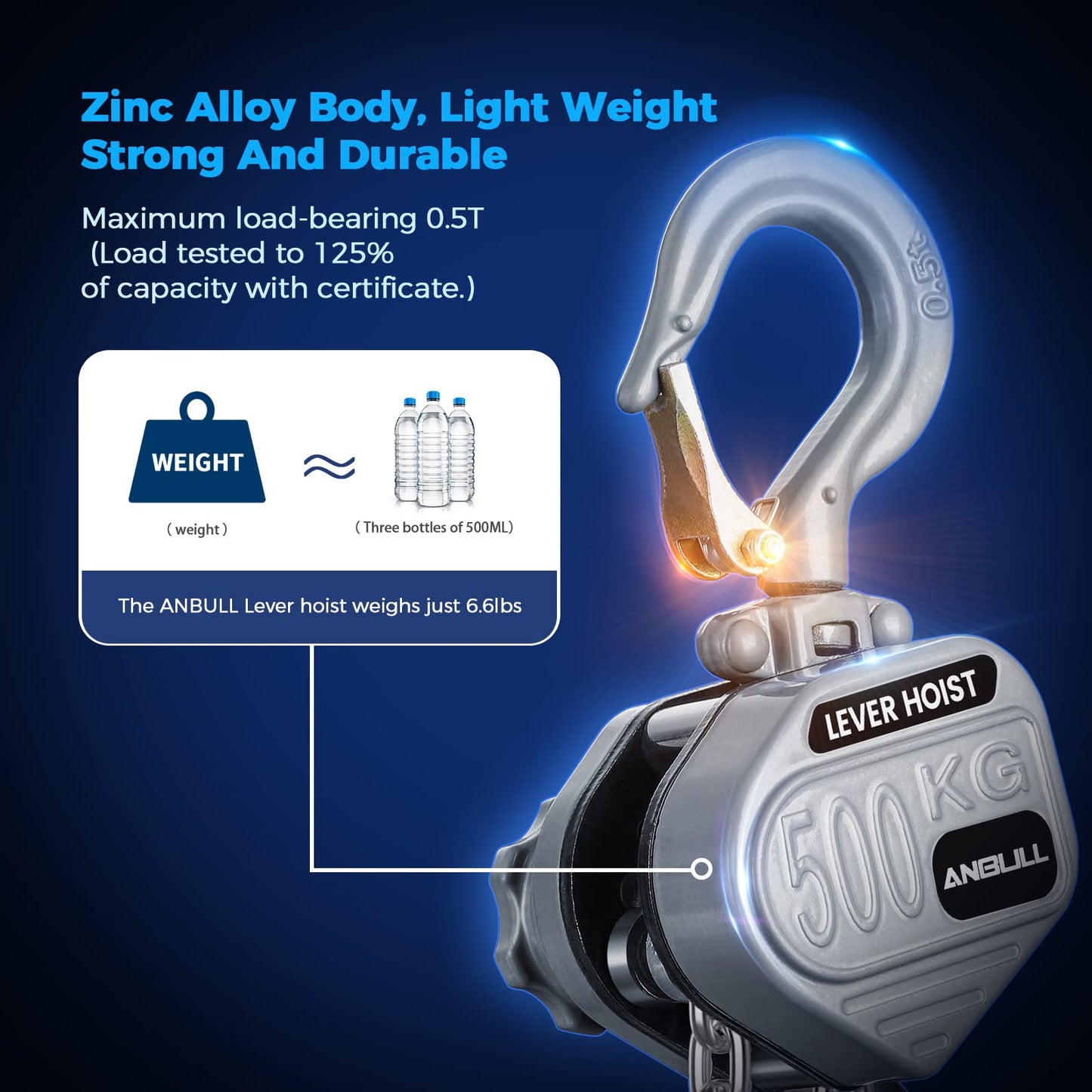 Anbull Mini Lever Chain Hoist 1100LBS/0.5T, Manual Hoist 10 FT/3M, Mini Puller Come Along G80 Chain W/Storage Bag, Aluminum Alloy Material Weighs 6.6Pounds, for Garages Warehouse Automotive Machinery
