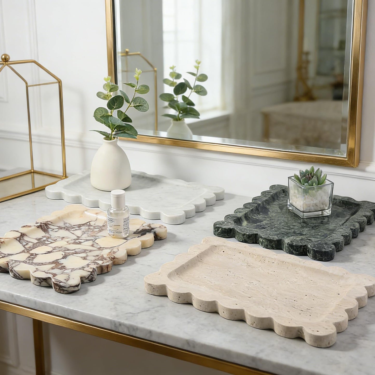Koville Scalloped Marble Tray, 11"x8" Marble Vanity Tray for Countertop Bathroom Kitchen Dresser, Natural Stone Tray for Jewelry Perfume Home Decor, Decorative Catchall Trays(Bianco Carrara)