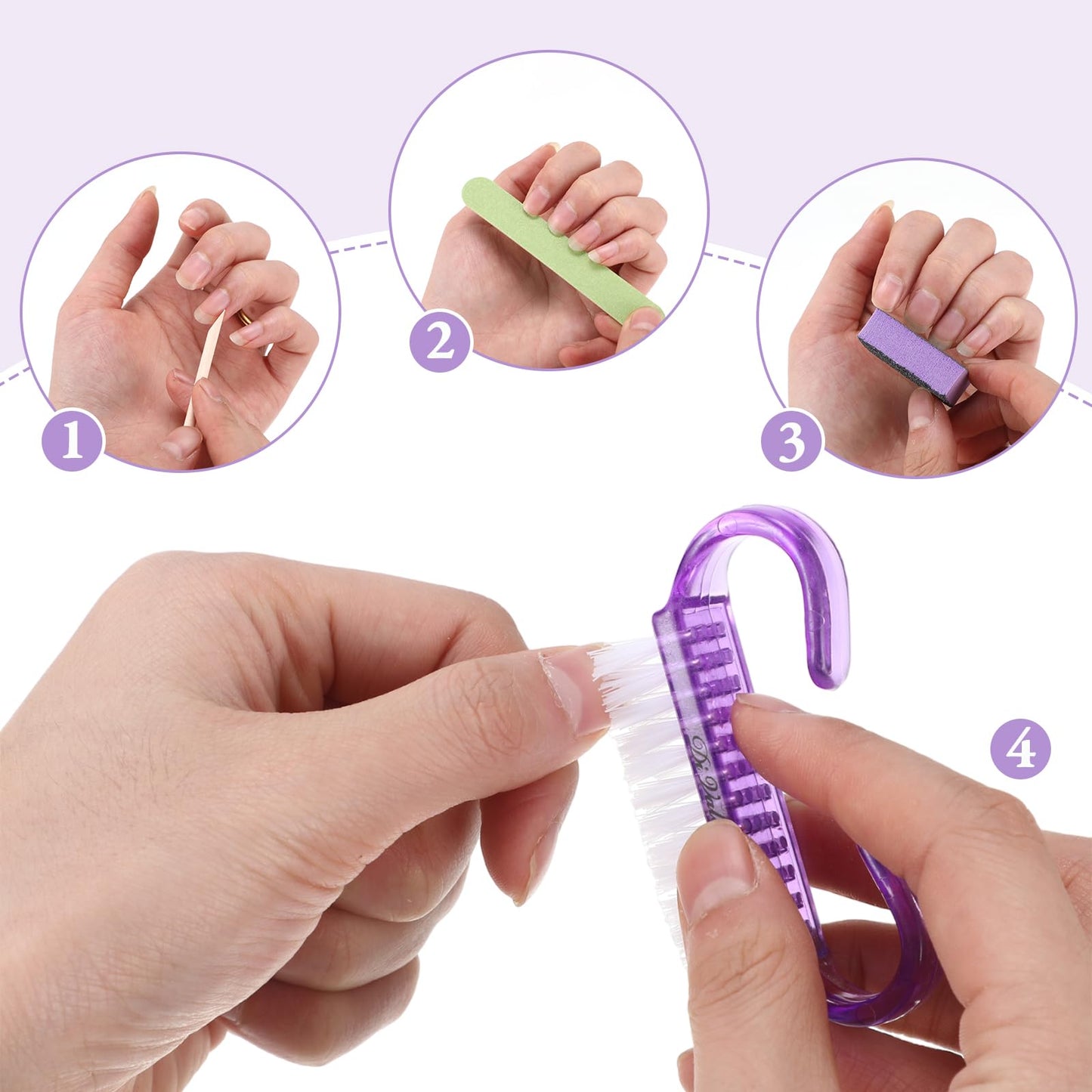 Leriton 100 Sets Professional Disposable Manicure Kit Basics 4 Piece Nail Kit Wood Nail File 100/180 Grit, Mini Buffer 80/100 Grit, Wood Stick and Handle Grip Nail Brush Valentine's Gifts (Purple)