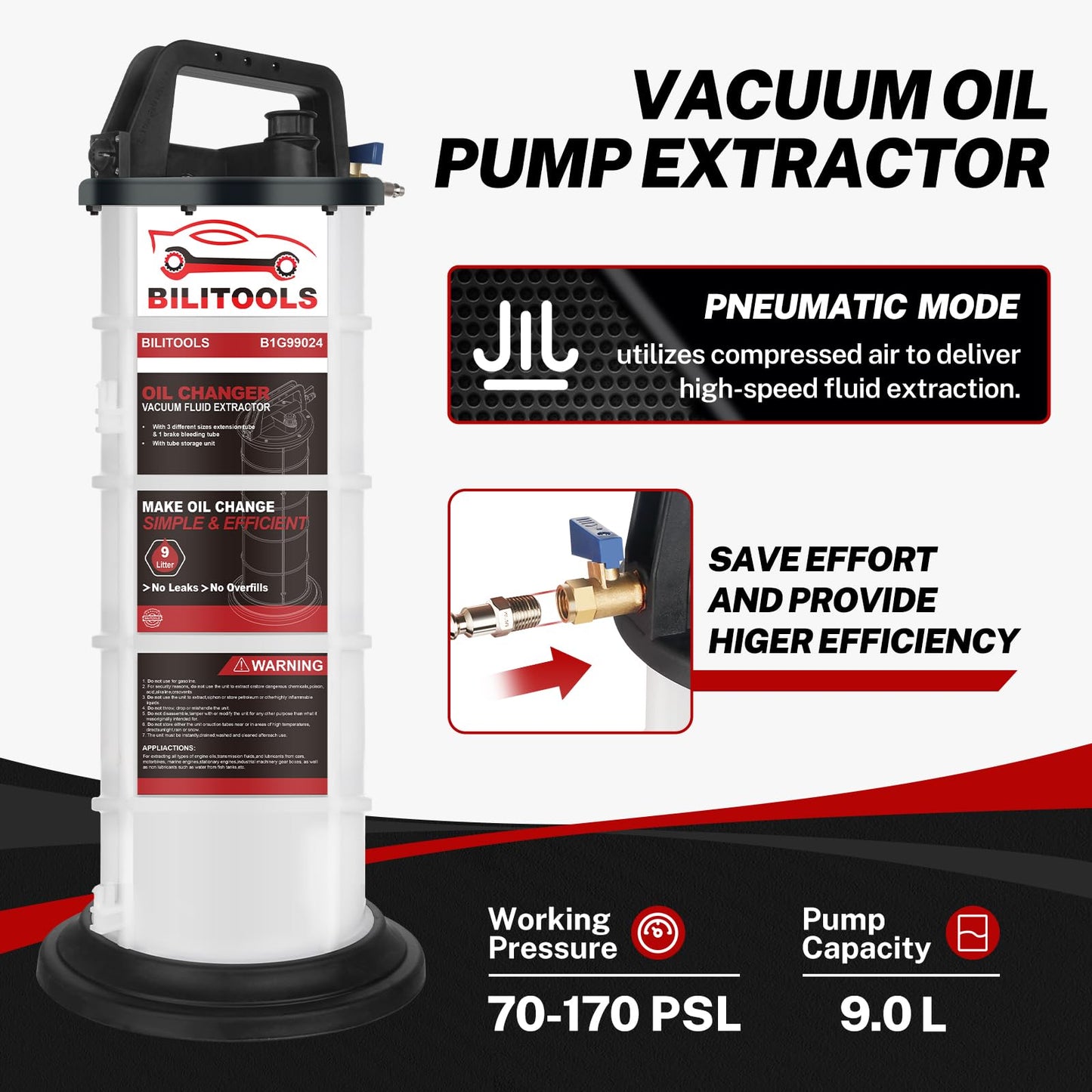 BILITOOLS 9L Pneumatic Oil Extractor Pump, Vacuum Fluid Extractor for Automotive Engine Oil Change Large Capacity 2.4 Gallon for Boat Marine Jetski ect.