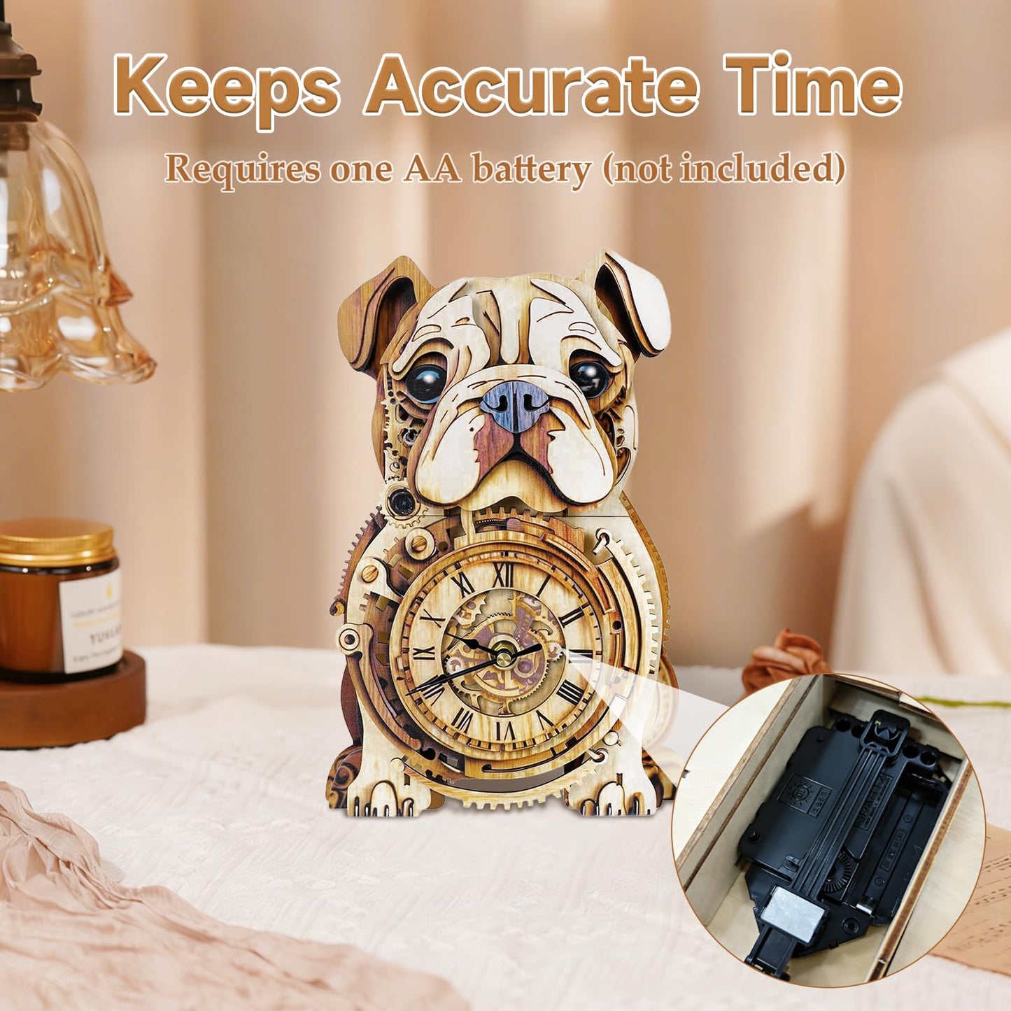 Kosmickiss Wooden Models for Adults to Build-Bulldog Clock with Swinging-3D Wooden Puzzles for Adults-Dog Mom Gifts for Women-DIY Clock Kit
