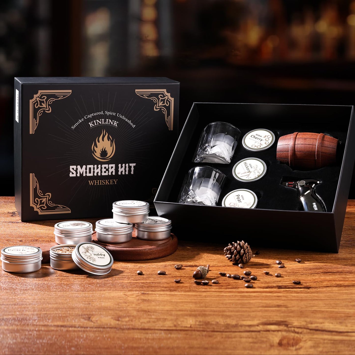 Whiskey Smoker Kit with Torch - No Butane, 6 Flavors Wood Chips, 2 Whiskey Glasses, 2 Round Ice Cube Mold, Old Fashioned Smoker Kit Cocktail Smoker Drink Smoke, Anniversary Birthday Gifts for Men Dad